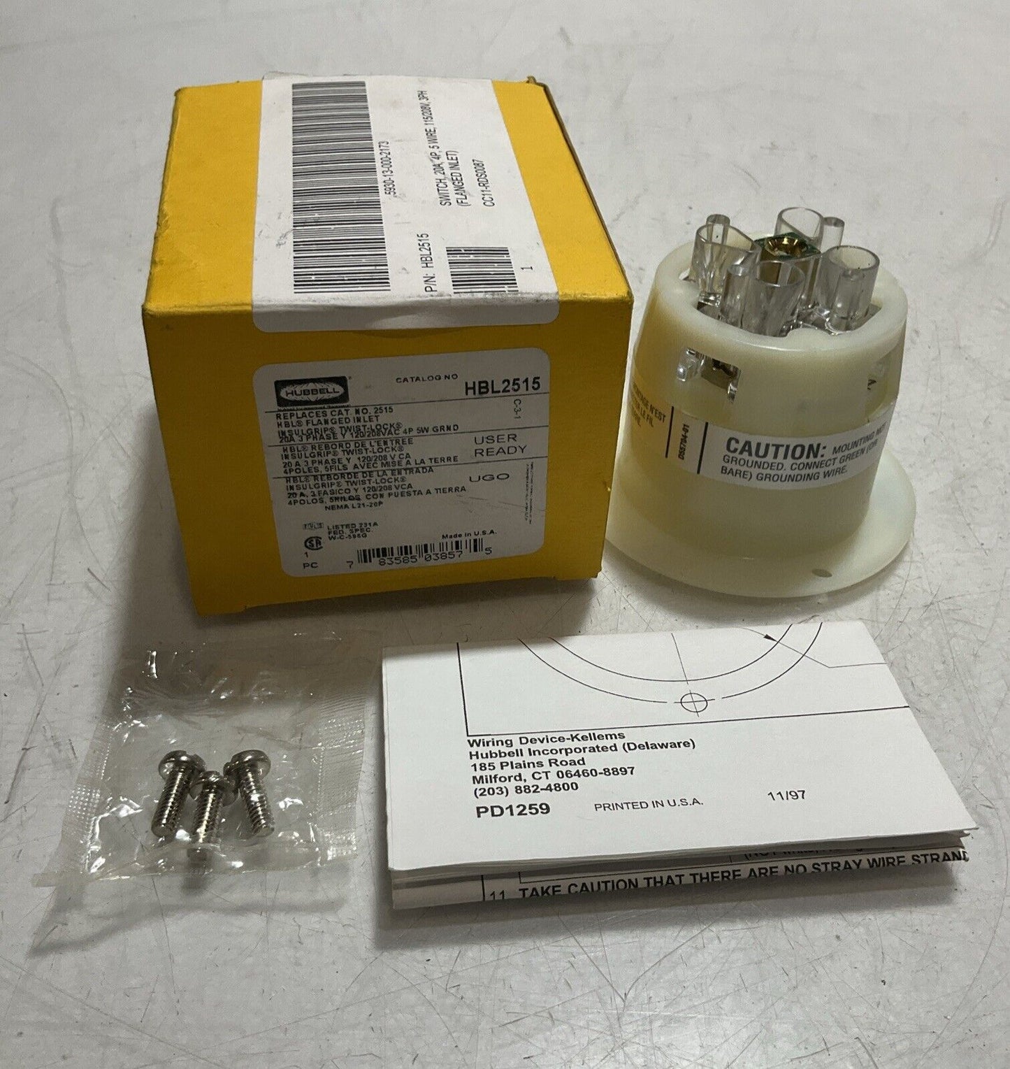 HUBBELL HBL2515 FLANGED INLET 20A 3PHASE 120/208V INSULGRIP TWIST- LOCK U3S