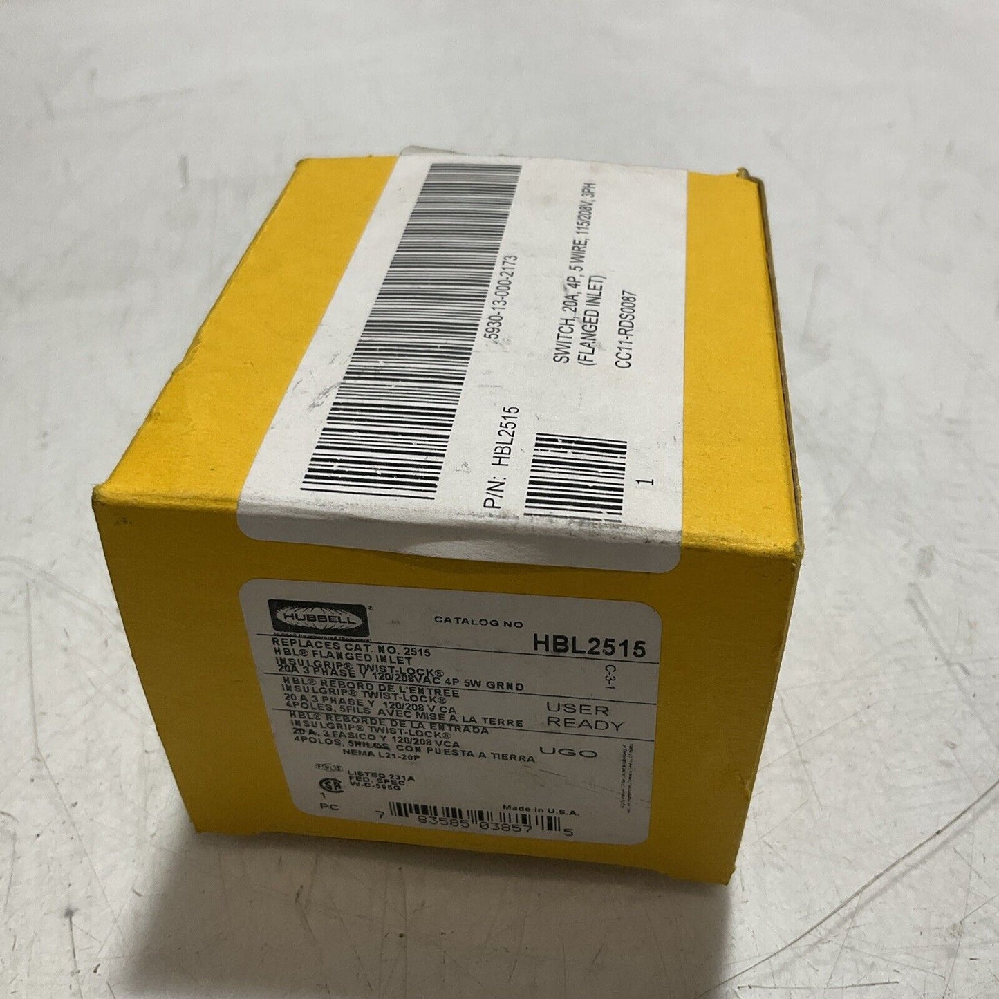 HUBBELL HBL2515 FLANGED INLET 20A 3PHASE 120/208V INSULGRIP TWIST- LOCK U3S