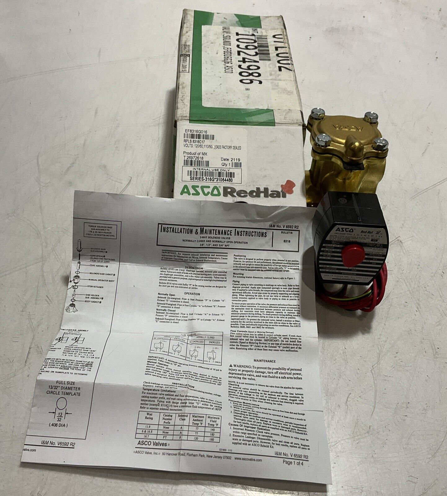 ASCO REDHAT EF8316G016 SOLENOID VALVE 120/60VOLTS 10-250PIS U3S