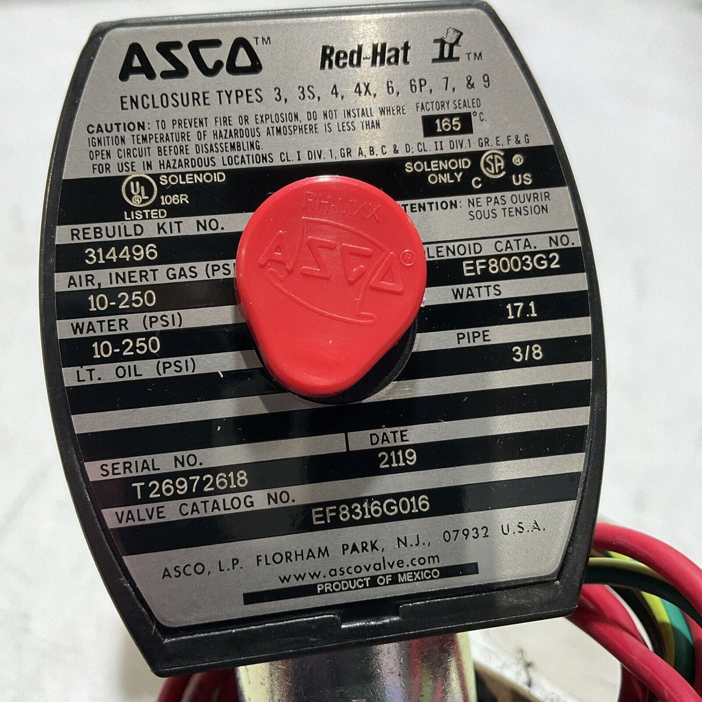 ASCO REDHAT EF8316G016 SOLENOID VALVE 120/60VOLTS 10-250PIS U3S