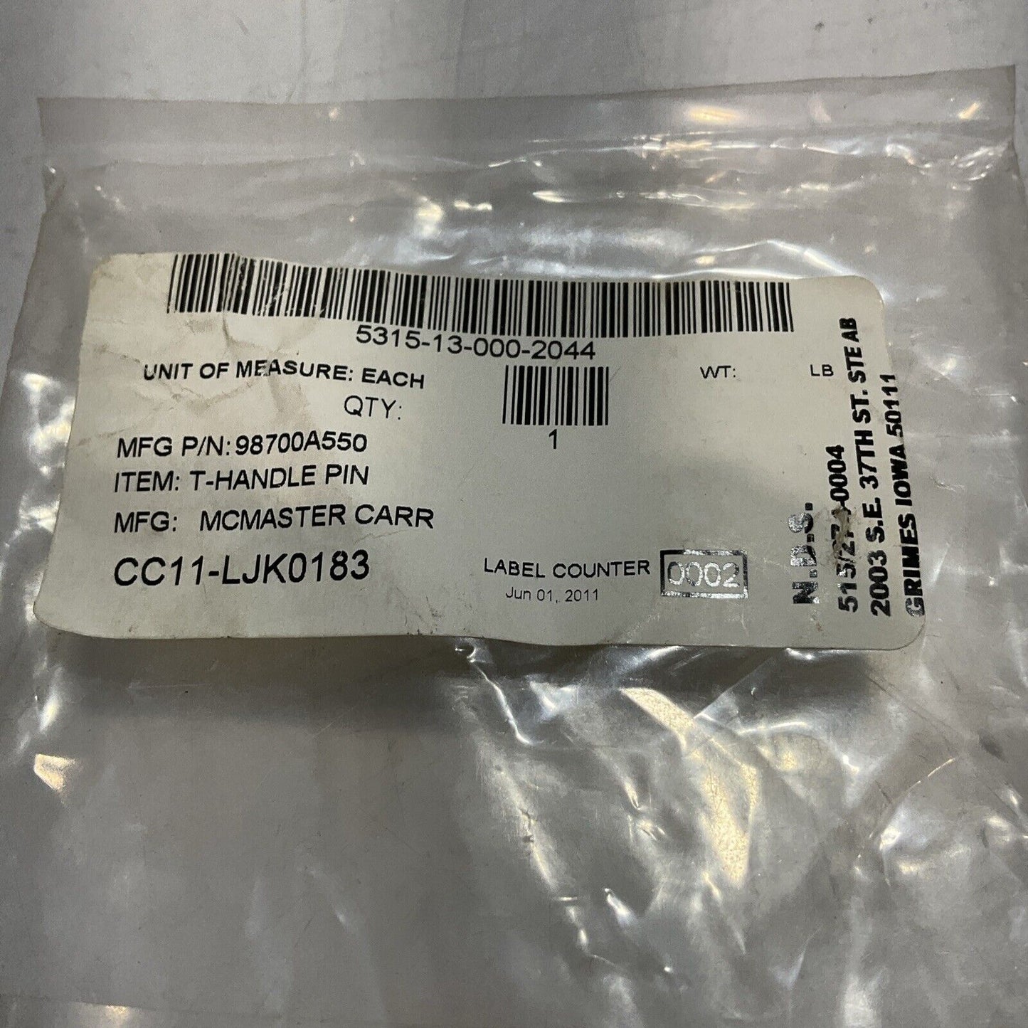 MCMASTER CARR 98700A550 T-HANDLE PIN U3S