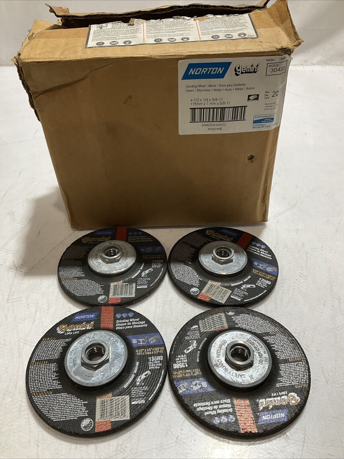 NORTON GEMINI 13580 STAINLESS GRINDING WHEEL 4-1/2X1/4X5/8-11 115X7MM QTY4 U3S