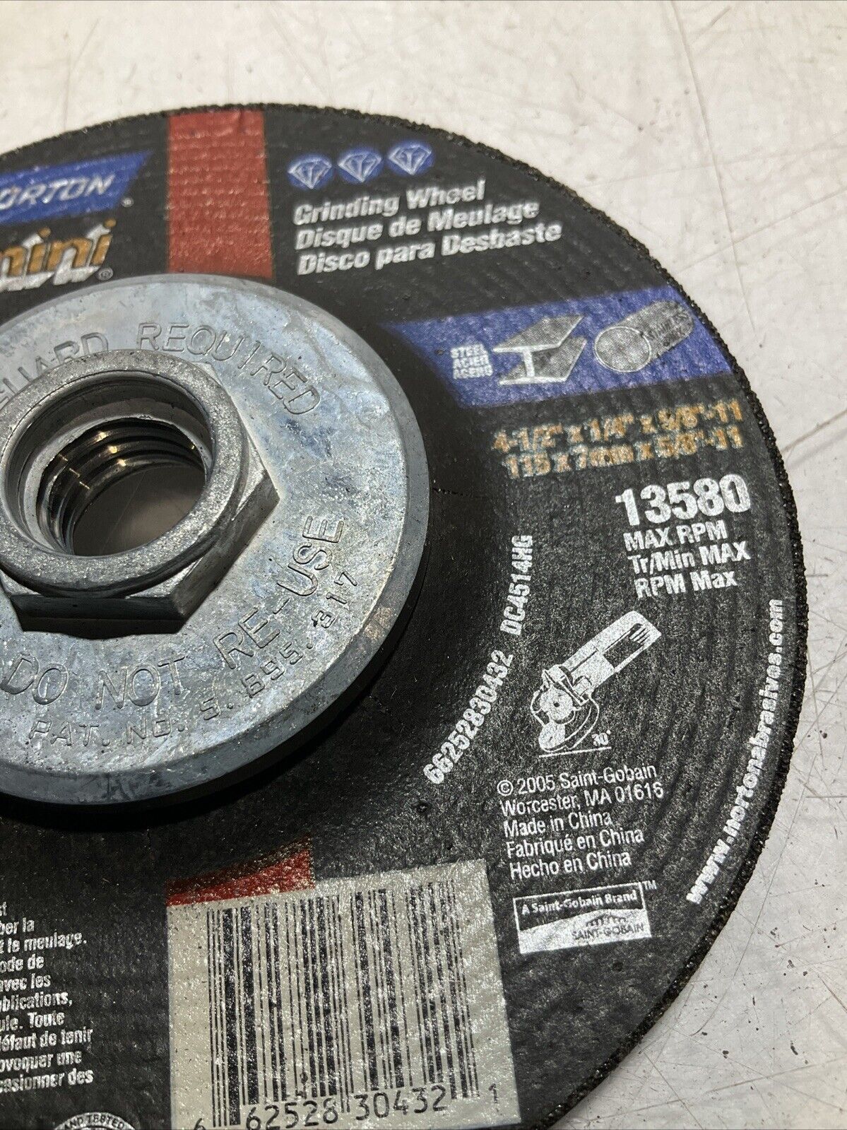 NORTON GEMINI 13580 STAINLESS GRINDING WHEEL 4-1/2X1/4X5/8-11 115X7MM QTY4 U3S