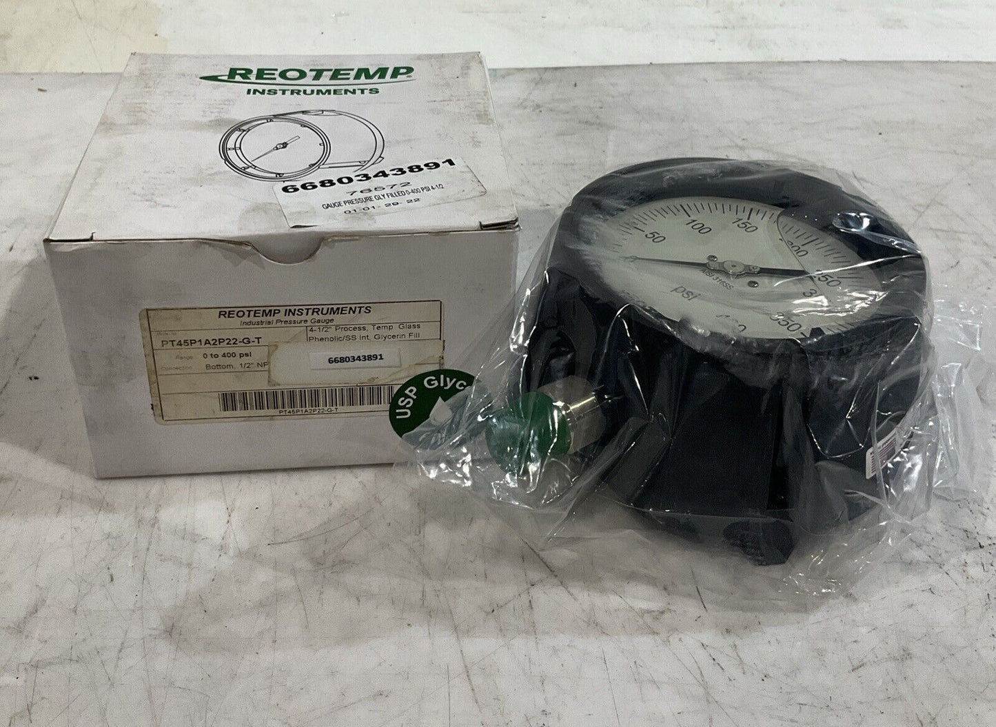 REOTEMP INSTRUMENTS PSI PT45P1A2P22-G-T PRESSURE GAUGE GLY FILLED 400PSI 373