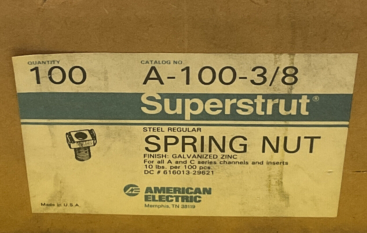 SUPERSTRUT A-100-3/8 SPRING NUT STEEL LOT OF 100 476