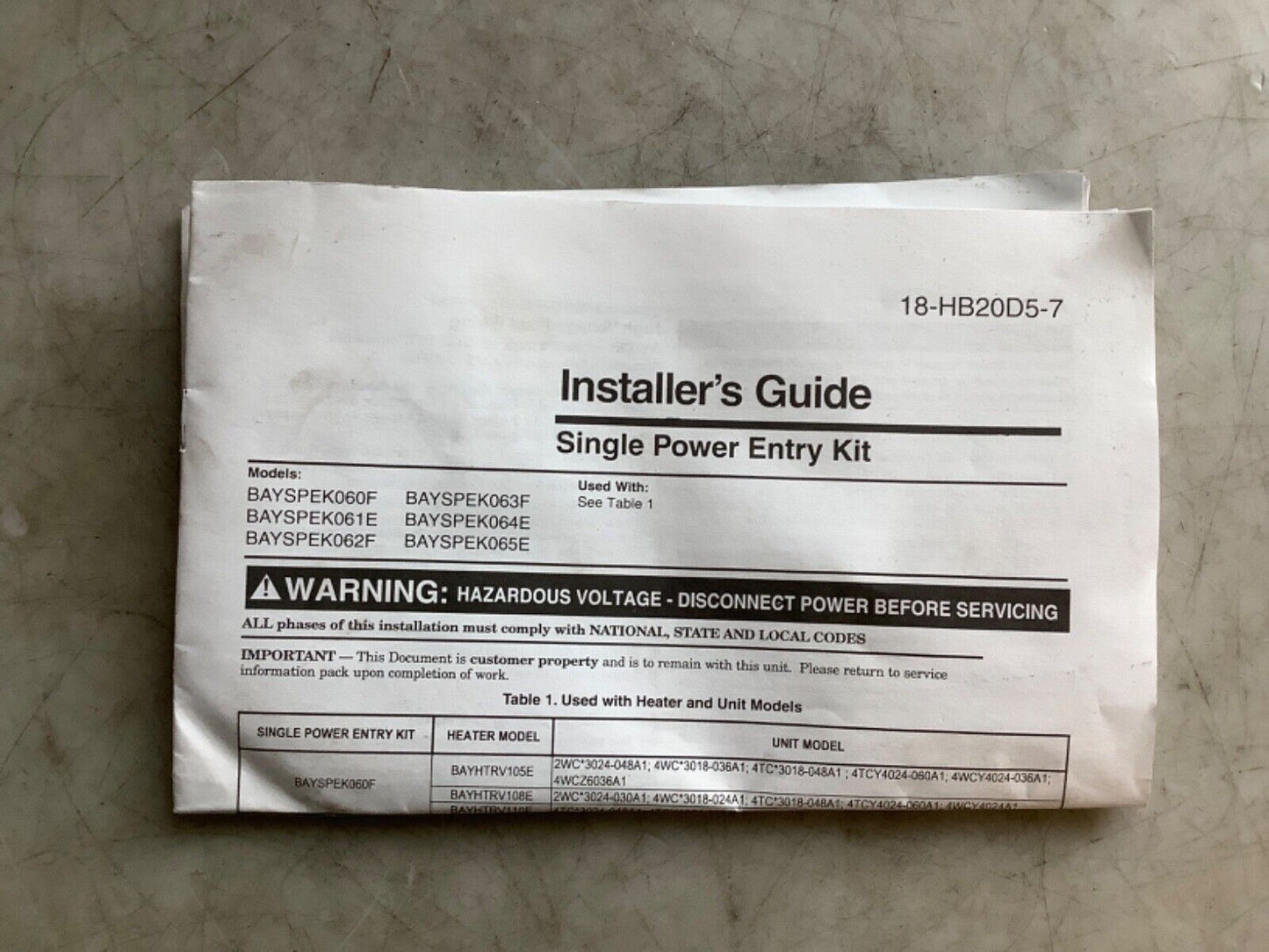 TRANE 3059934 BAYSPEK061E SINGLE POWER ENTRY KIT 222