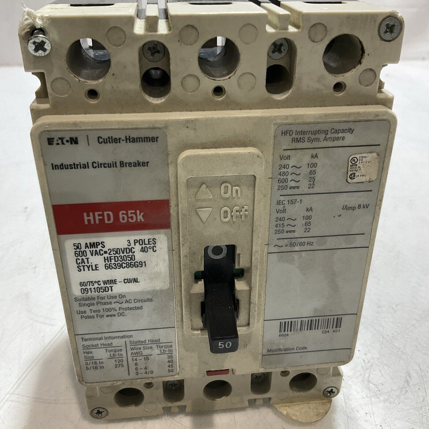 EATON- CUTLER HAMMER HFD65K CIRCUIT BREAKER 50AMPS 3 POLES 240V U3S