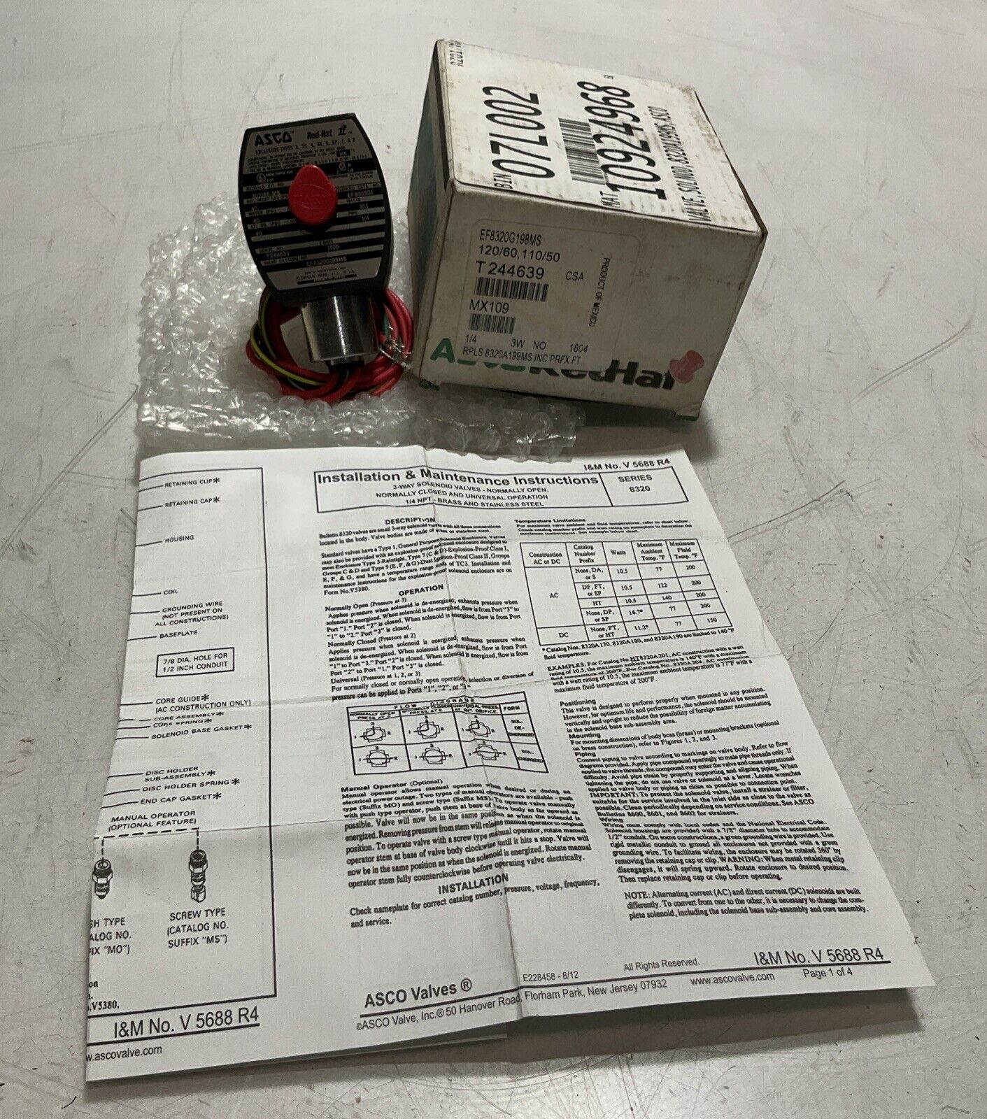 ASCO REDHAT EF8320G198MS BRASS SOLENOID 1/4 3W VALVE U3S
