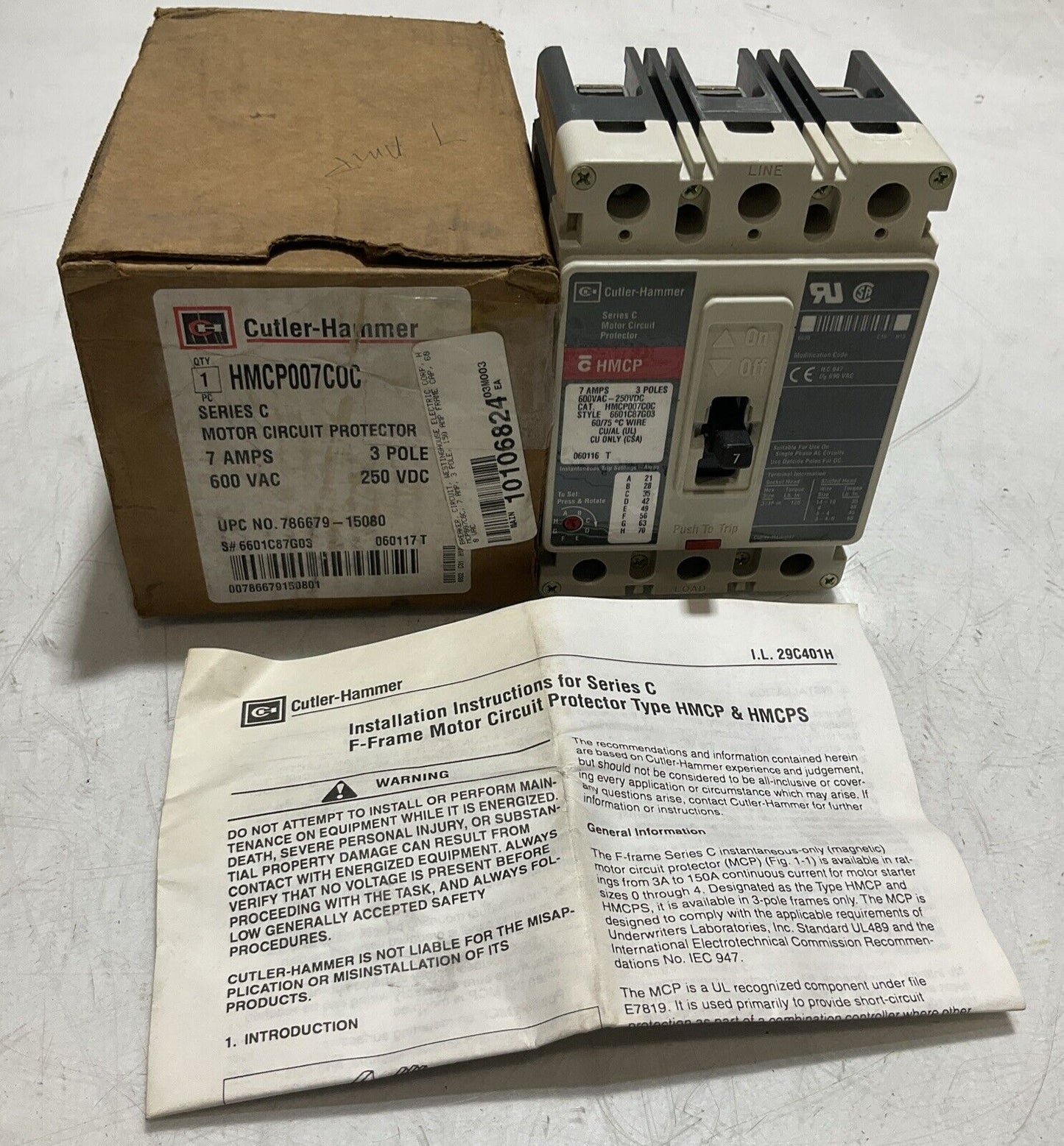 CUTLER-HAMMER HMCP007COC MOTOR CIRCUIT BREAKER PROTECTOR 3POLE 600VAC 7AMPS U3S