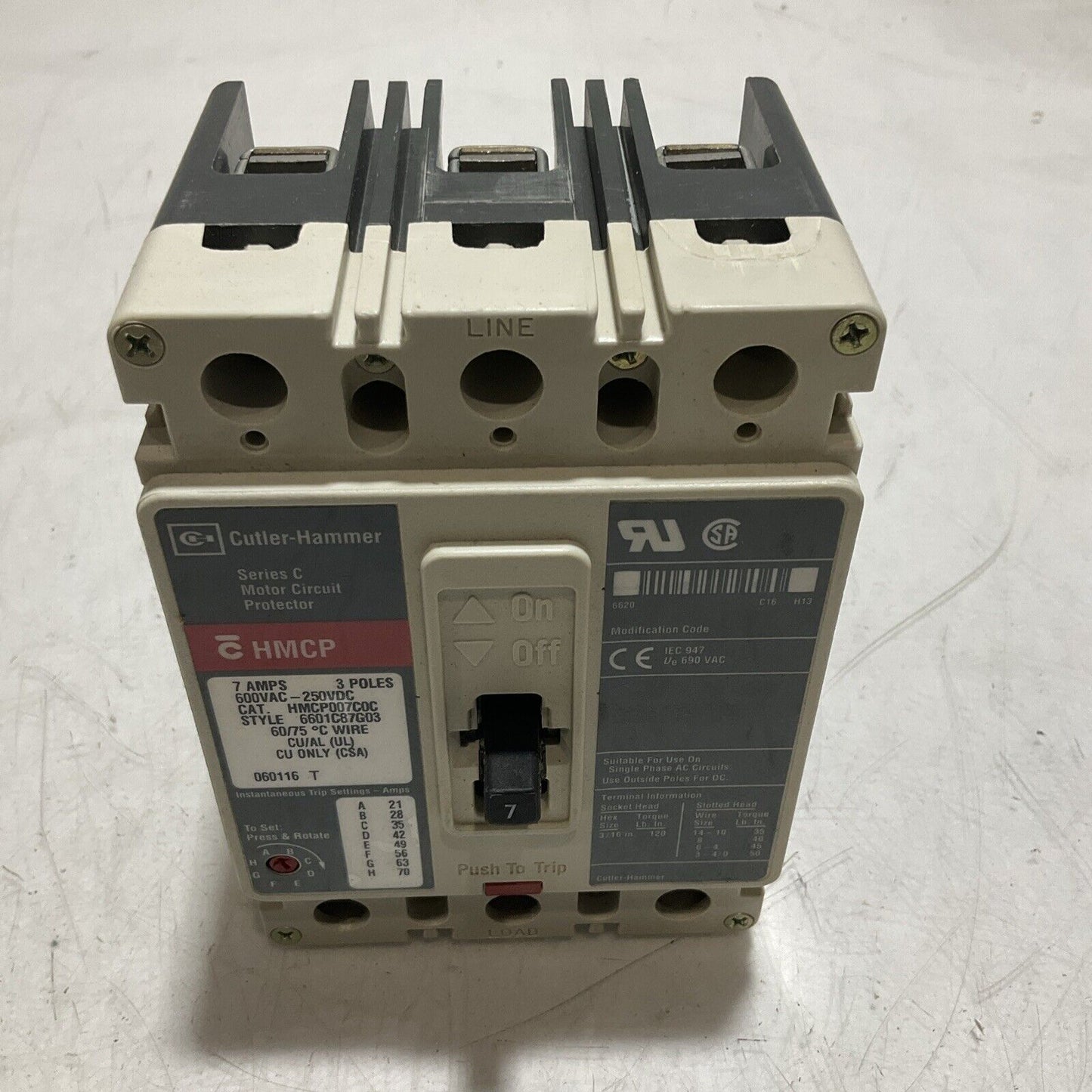 CUTLER-HAMMER HMCP007COC MOTOR CIRCUIT BREAKER PROTECTOR 3POLE 600VAC 7AMPS U3S