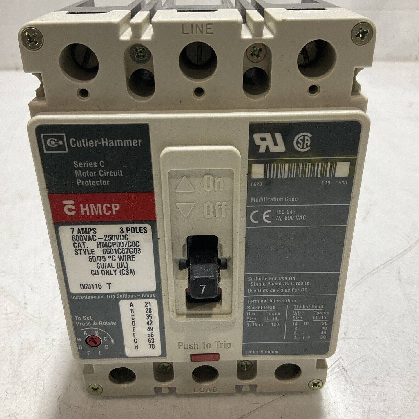 CUTLER-HAMMER HMCP007COC MOTOR CIRCUIT BREAKER PROTECTOR 3POLE 600VAC 7AMPS U3S