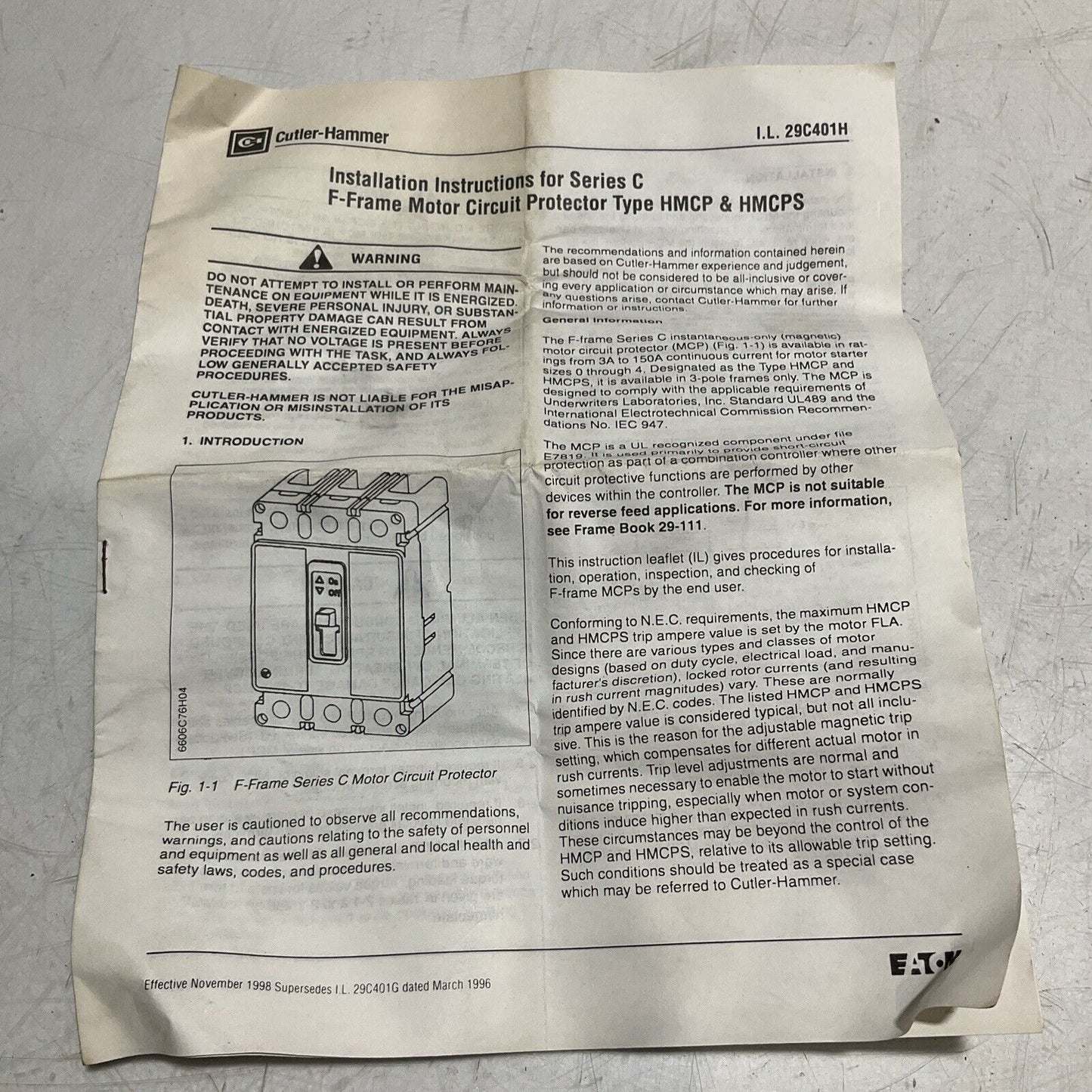 CUTLER-HAMMER HMCP007COC MOTOR CIRCUIT BREAKER PROTECTOR 3POLE 600VAC 7AMPS U3S