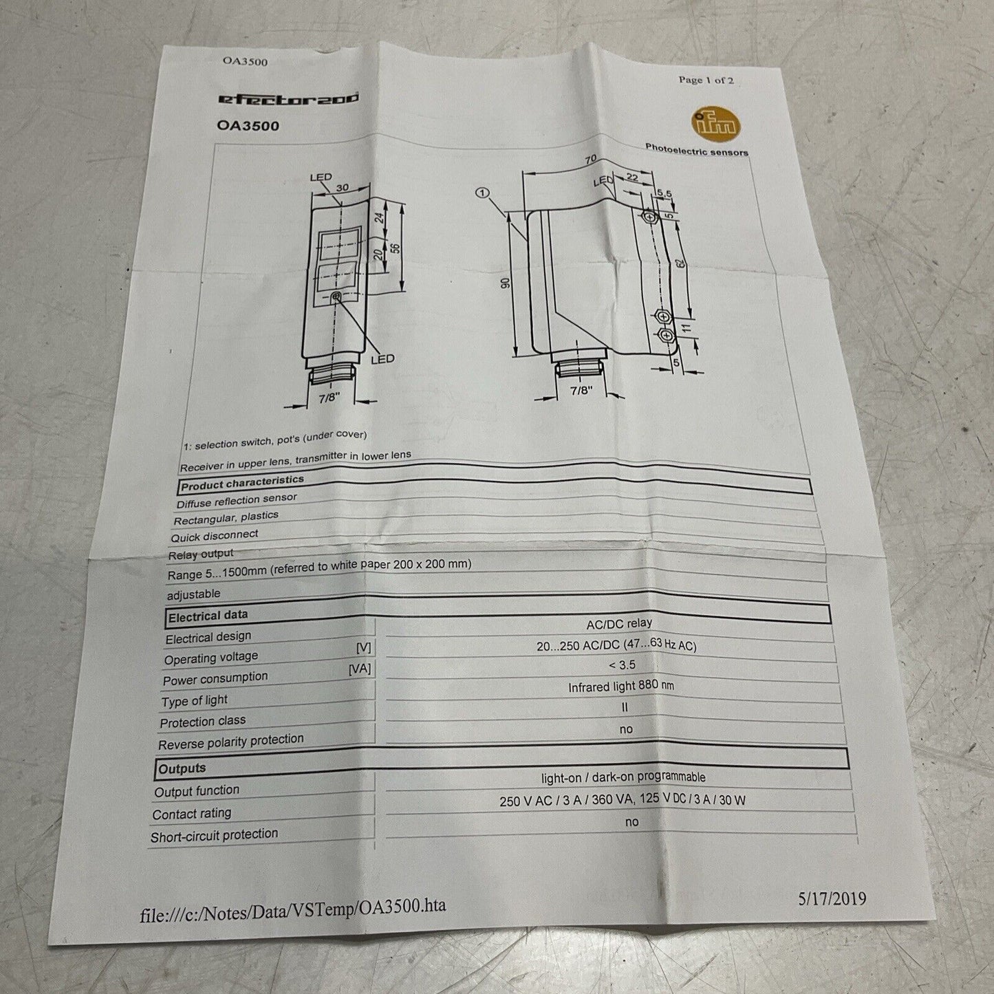 IFM ELECTRONIC OA3500-OAT-FKOA/LS500L REFLEXLICH DIFFUSE REFLECTION SENSOR 222