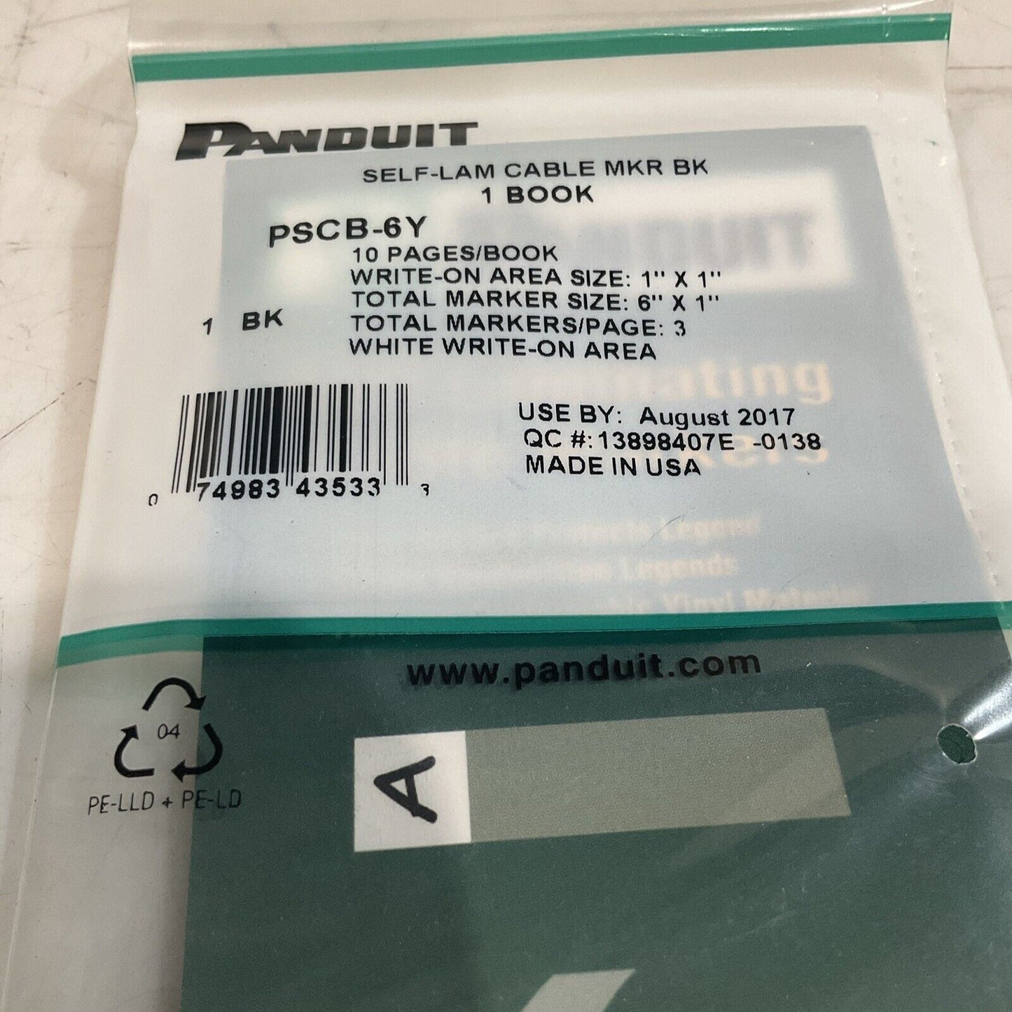 PANDUIT PSCB-6Y SELF-LAM CABLE MARKER BOOK WRITE-ON AREA 1 IN X 6 IN QTY10 678