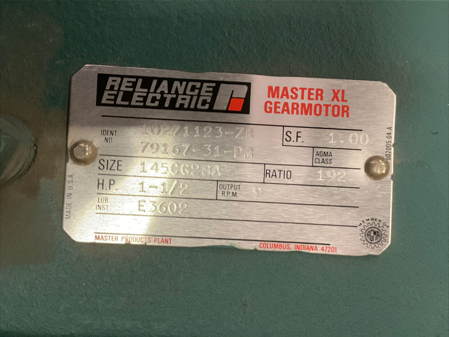 RELIANCE ELECTRIC 1-1/2HP 9RPM 10271123-ZH 79167-31-DM MASTER XL GEAR MOTOR 373