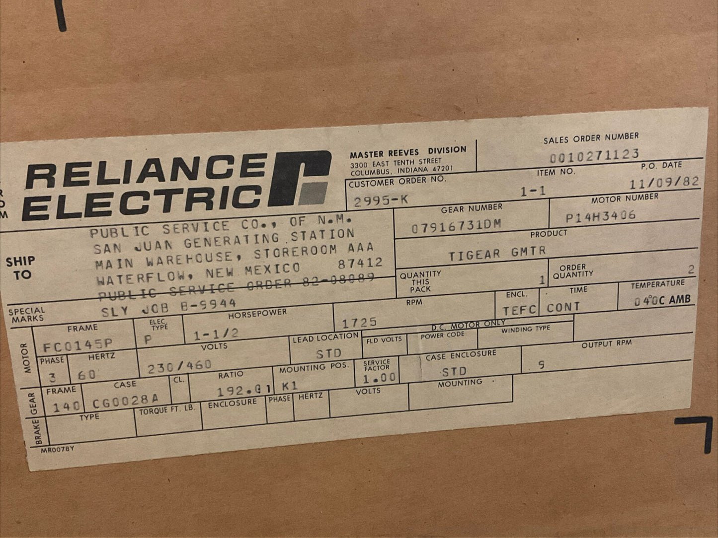 RELIANCE ELECTRIC 1-1/2HP 9RPM 10271123-ZH 79167-31-DM MASTER XL GEAR MOTOR 373