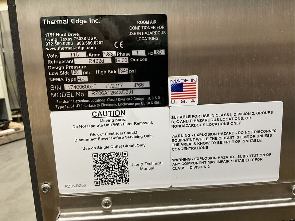 THERMAL EDGE INC. RZ06A1264XD3J1 ROOM AIR CONDITIONER 115 V 7.83 A 345 PSI 60 HZ