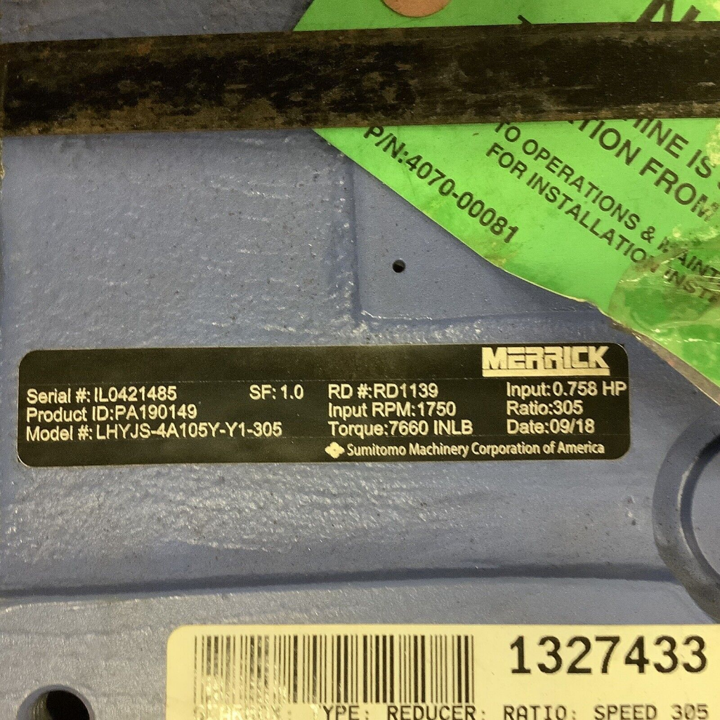 SUMITOMO LHYJS-4A105Y-Y1-305 PA190149 SPEED REDUCER 305 1750 RPM 7660 0.758HP