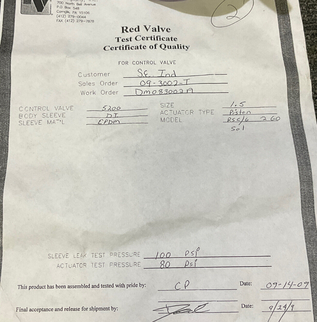 RED VALVE 09-3002 PNEUMATICALLY ACTUATED CONTROL PINCH VALVE SERIES 5200