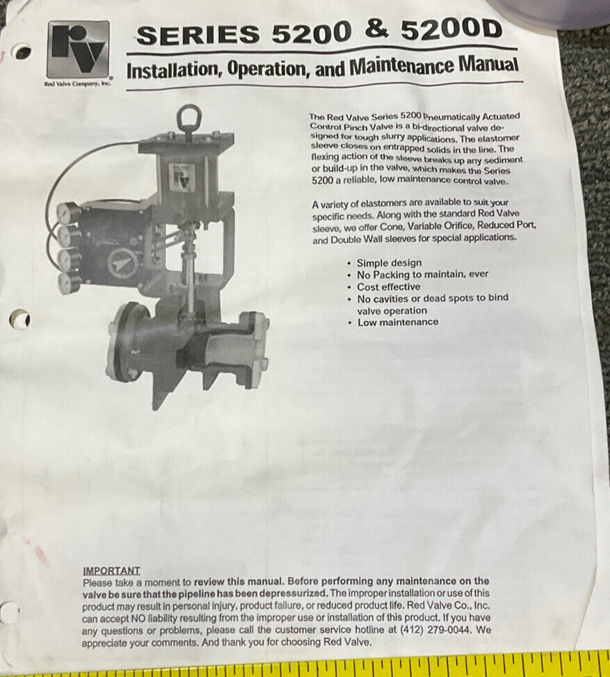 RED VALVE 09-3002 PNEUMATICALLY ACTUATED CONTROL PINCH VALVE SERIES 5200