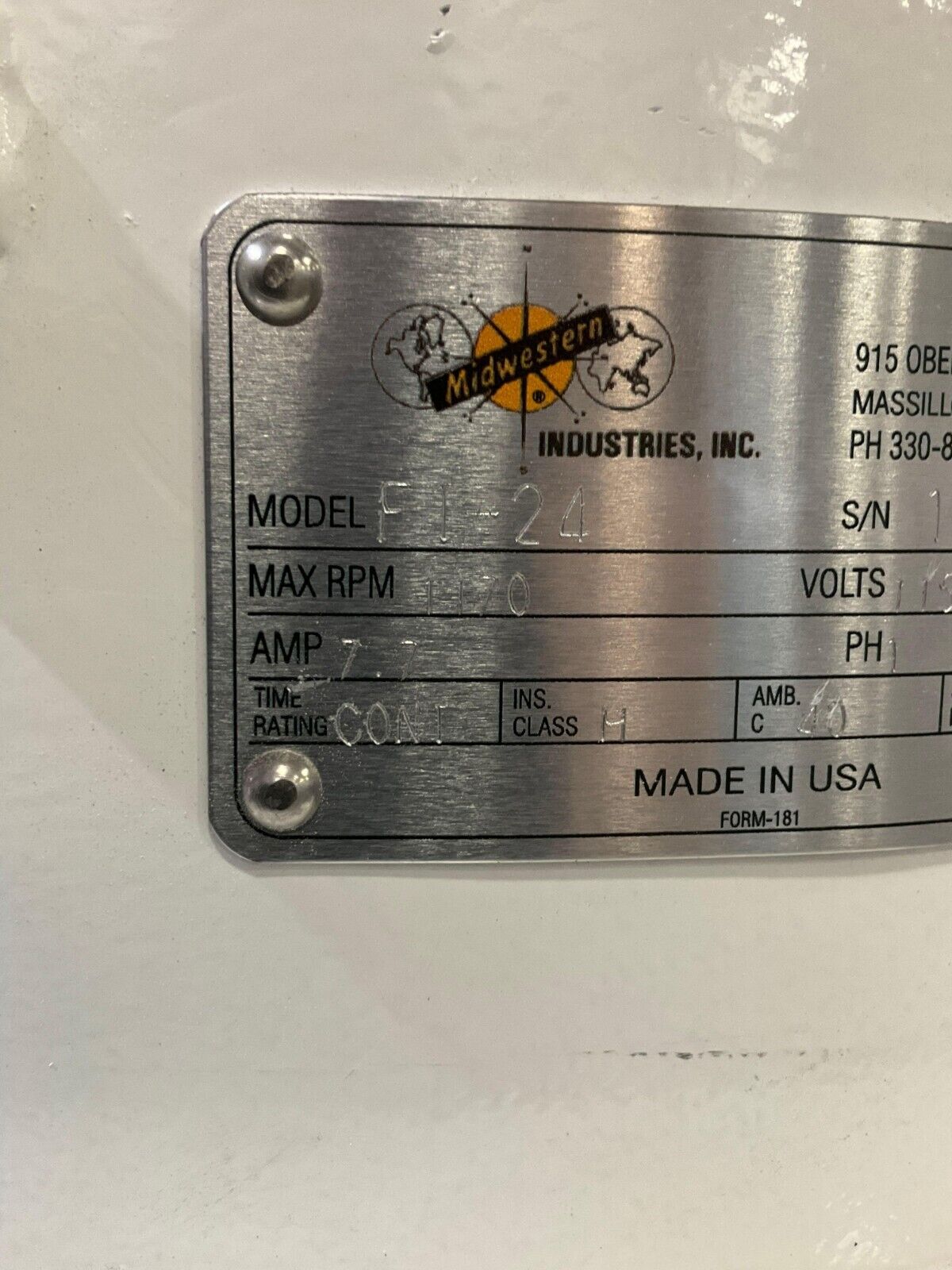 MIDWESTERN INDUSTRIES F1-24 SIFTER WITH MR24S4-4 MOTOR 115 V 60 HZ 1 PH 1170 RPM