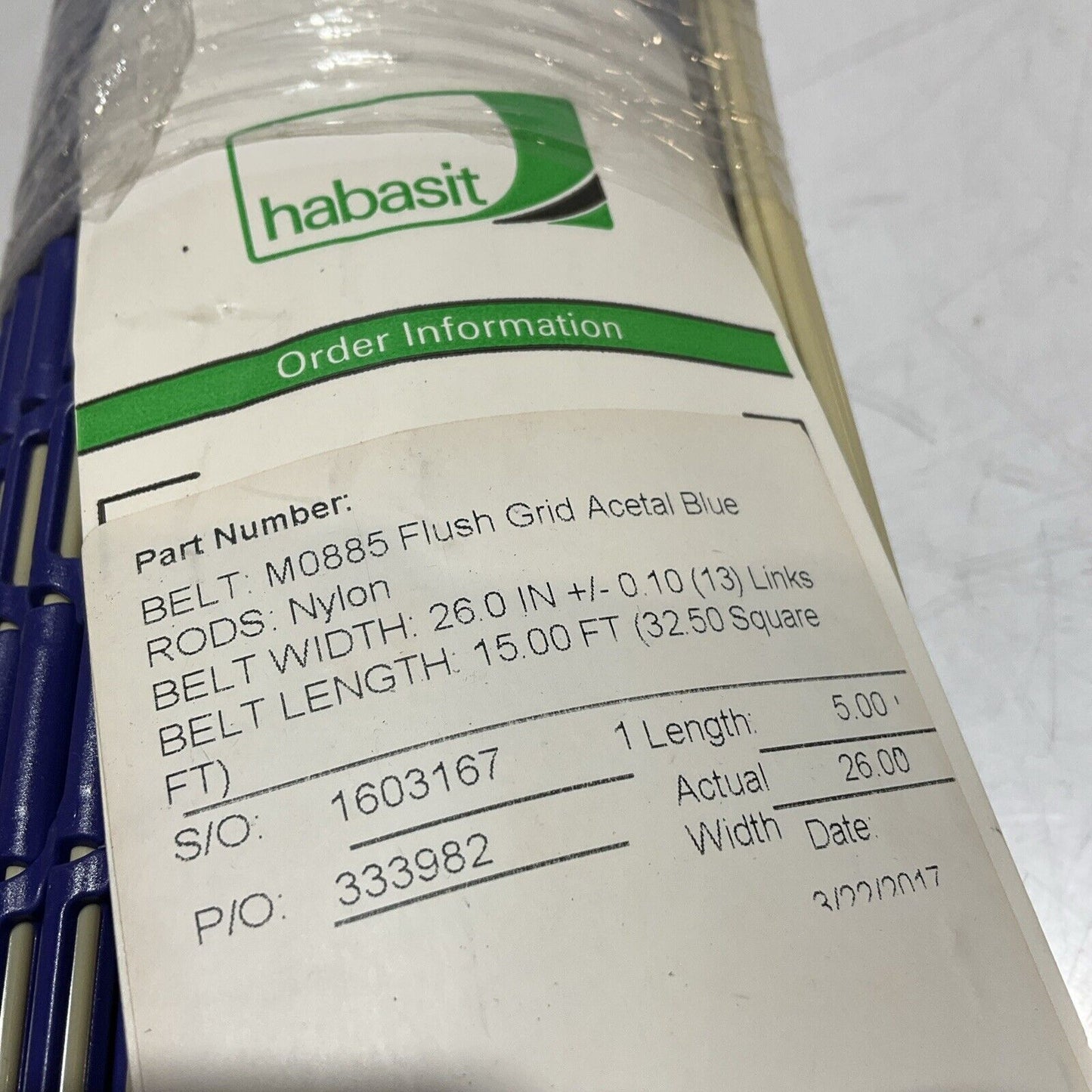 HABASIT M0885 FLUSH GRID ACETAL BLUE BELT WTH 26.0IN X LENGTH 5.00 FT U3S