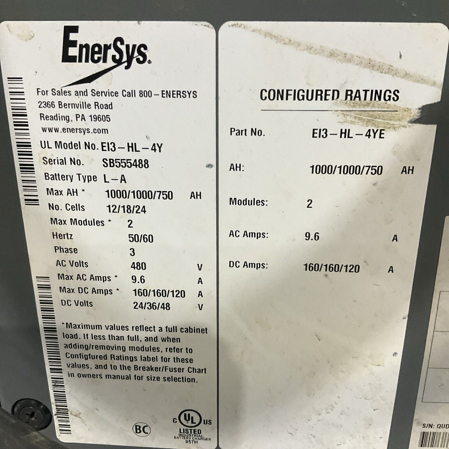 ENERSYS EI3-HL-4YE ENFORCER IMPAQ FORKLIFT L-A BATTERY CHARGER 3PH 480V 50/60 HZ