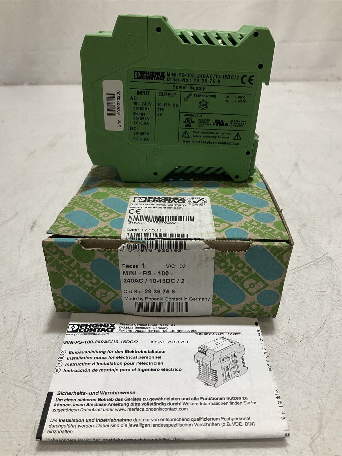 PHOENIX CONTACT MINI-100-PS-240AC/10-15DC/2 POWER SUPPLY NEW MFG SEALED 222-U3S