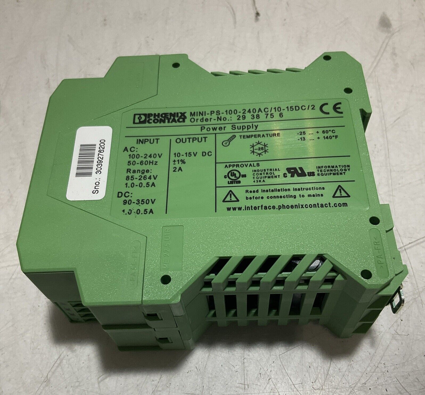 PHOENIX CONTACT MINI-100-PS-240AC/10-15DC/2 POWER SUPPLY NEW MFG SEALED 222-U3S
