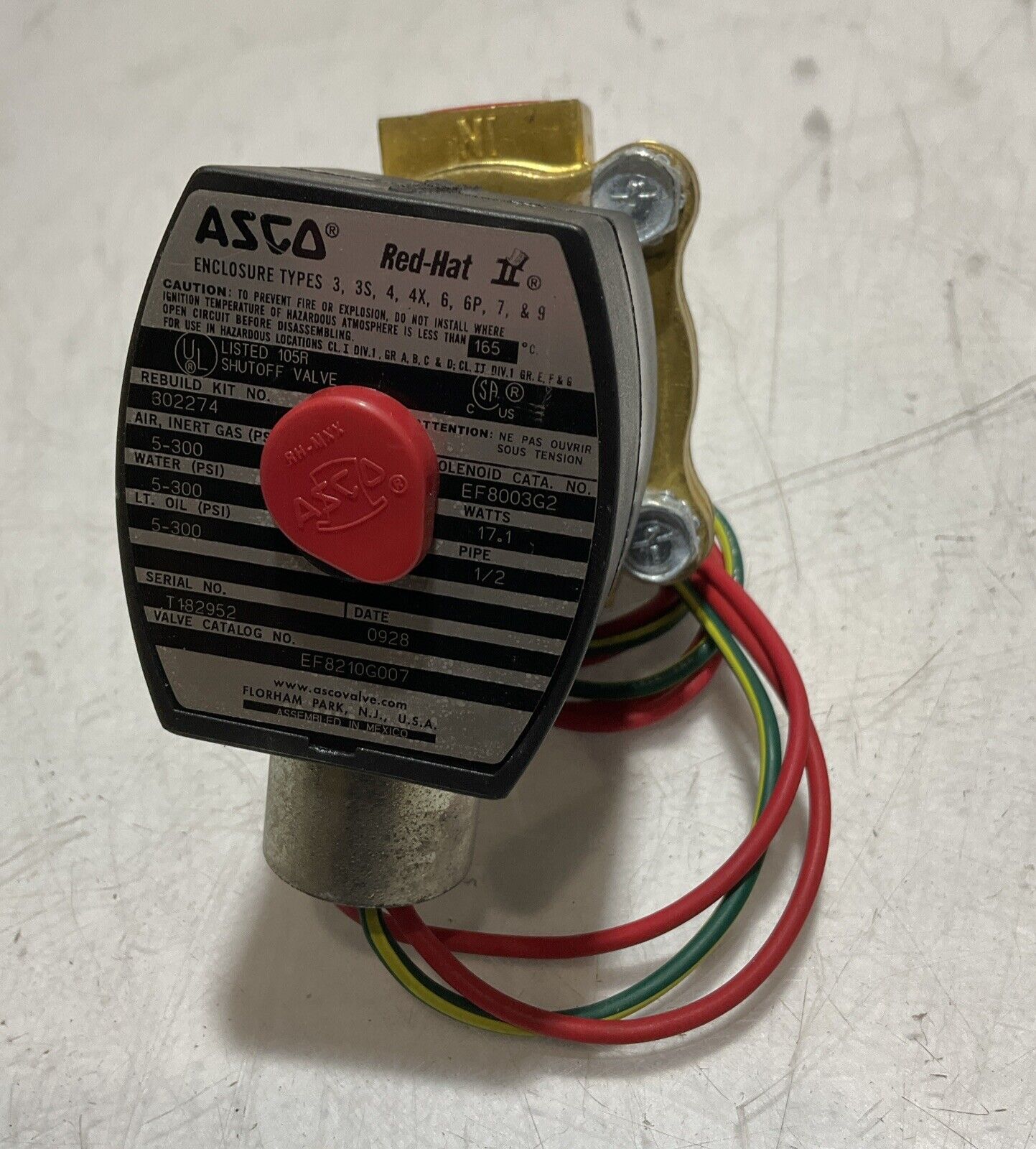 ASCO RED-HAT EF8210G007 GENERAL PURPOSE SOLENOID VALVE 17.1WATTS 1/2 PIPE U3S