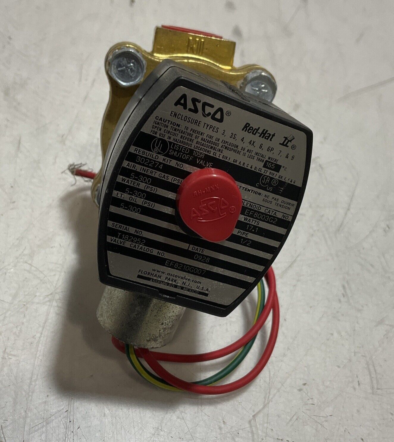 ASCO RED-HAT EF8210G007 GENERAL PURPOSE SOLENOID VALVE 17.1WATTS 1/2 PIPE U3S