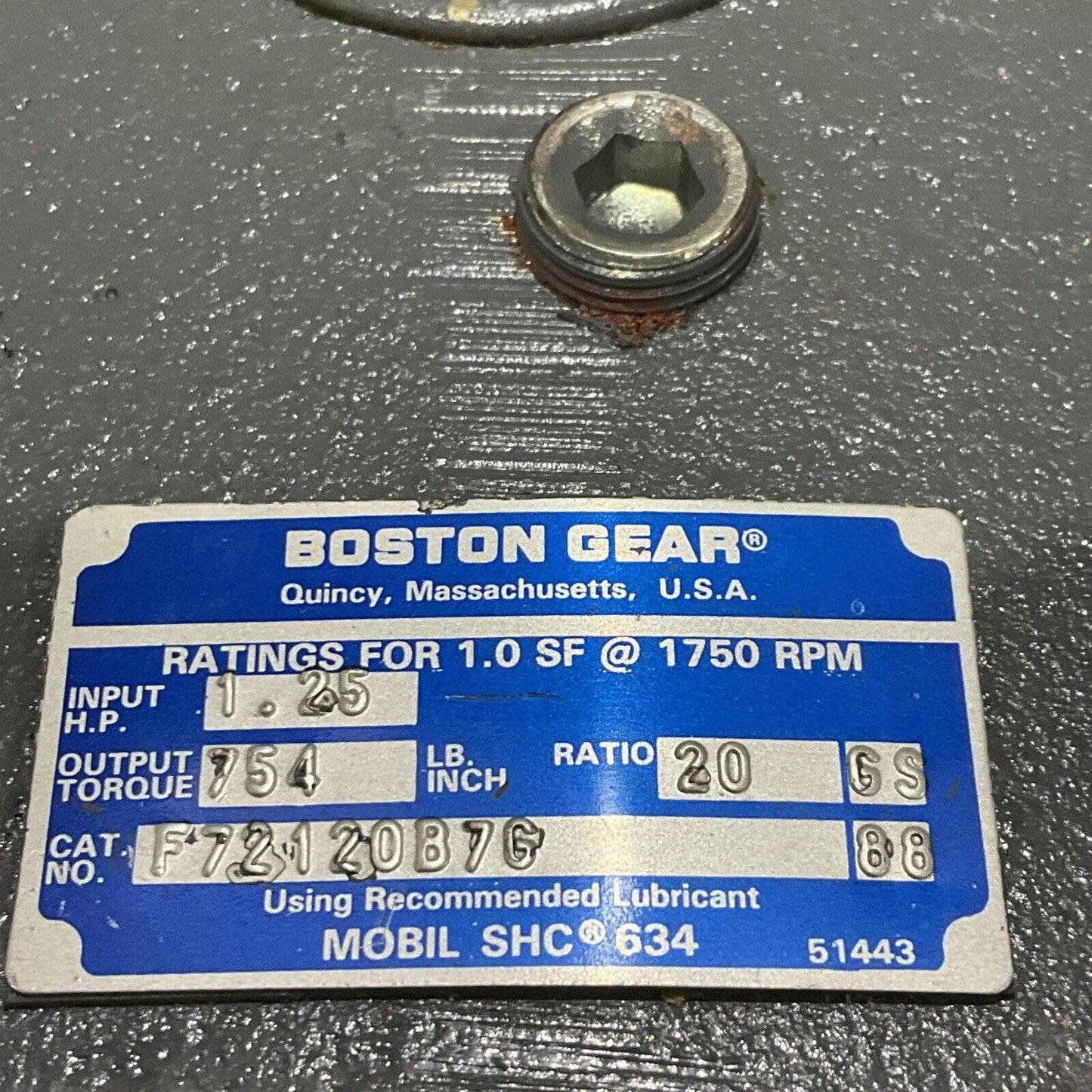 BOSTON 52588 88 F721-20-B7-G SPEED REDUCER 20 GS 754 TORQ. 754 1.25 H.P 1750 RPM