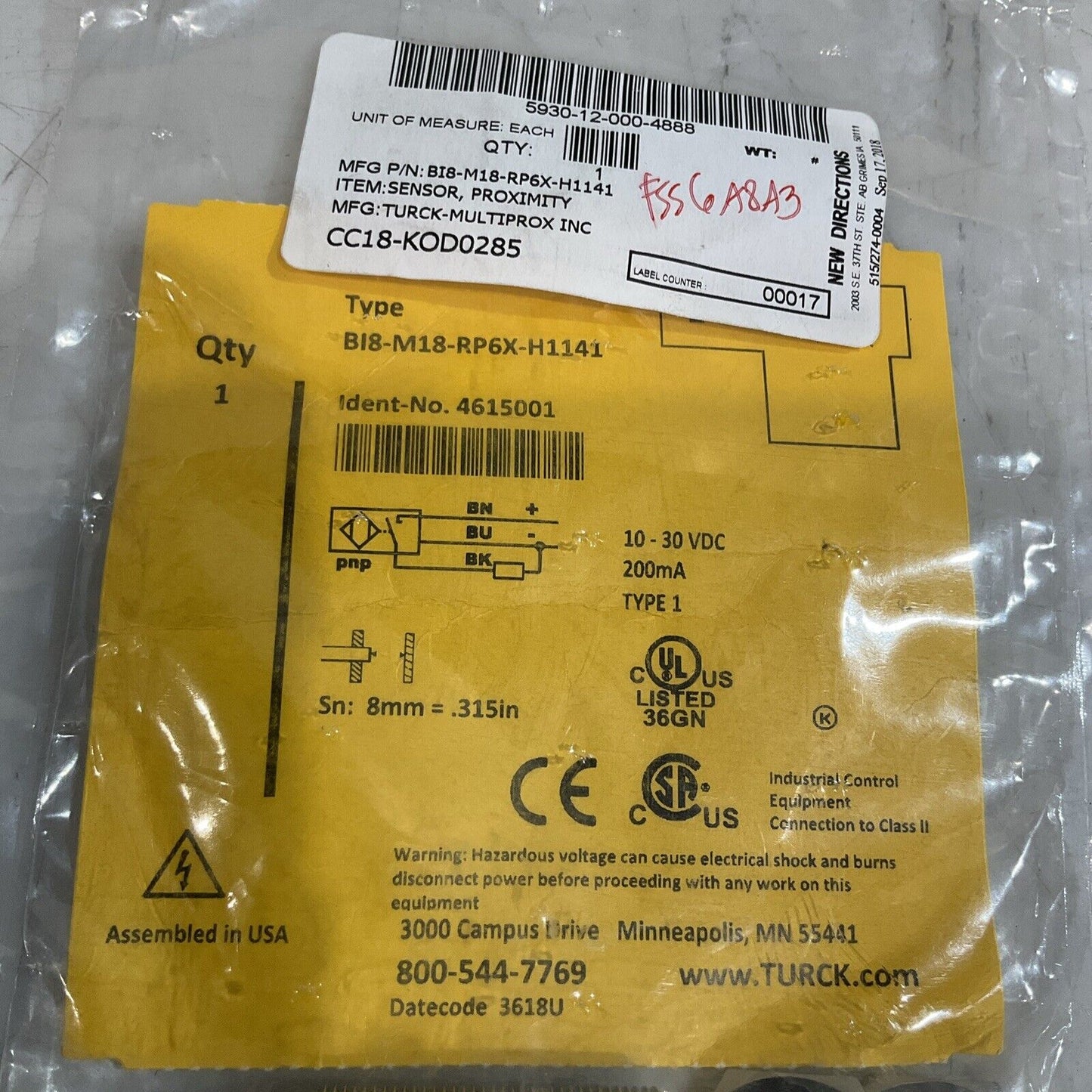 TURCK BI8-M18-RP6X-H1141 4615001 INDUCTIVE PROXIMITY SENSOR LOT OF 2 U3S