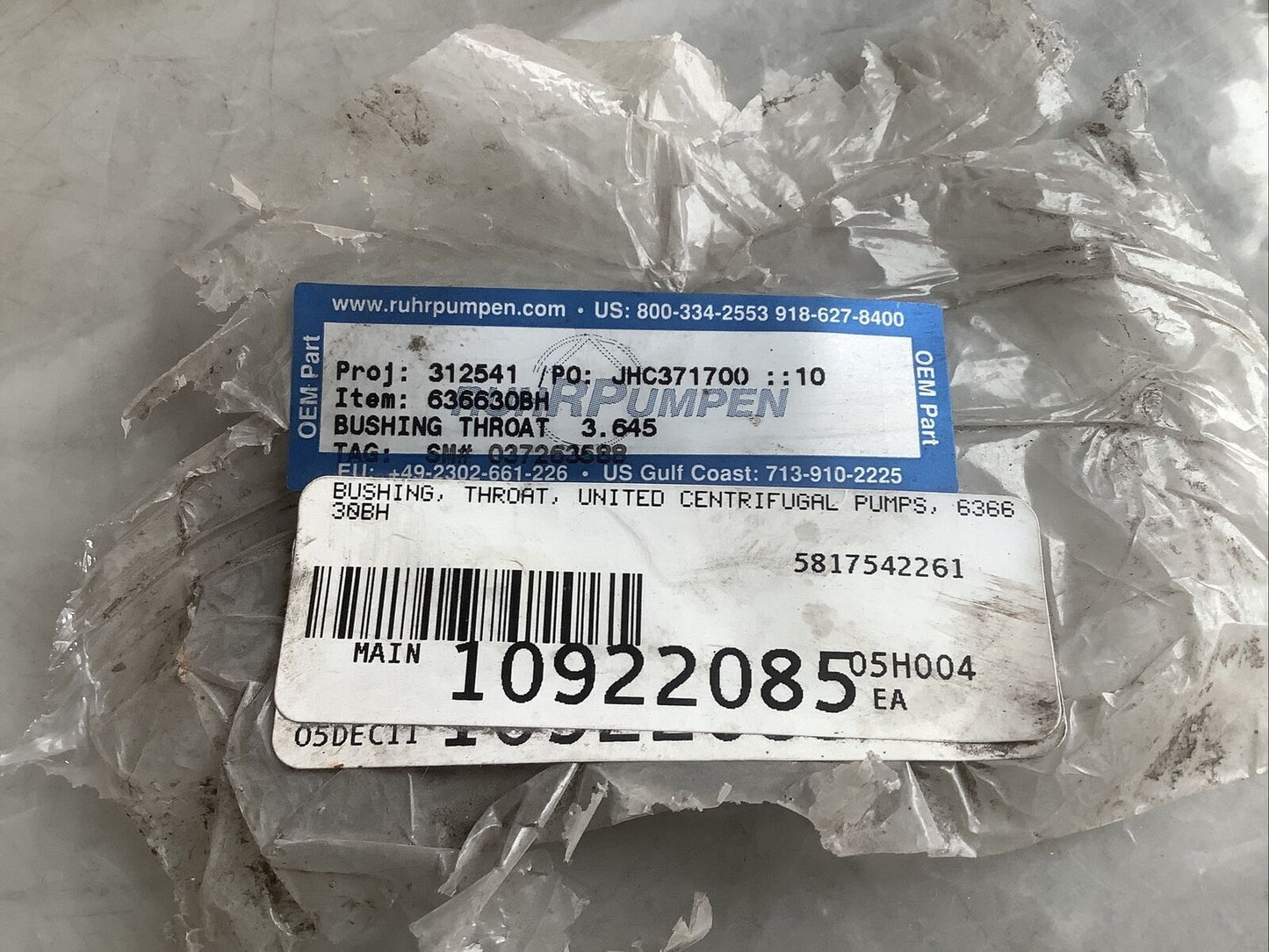RUHRPUMPEN 312541 BUSHING THROAT 3.645IN ID 678