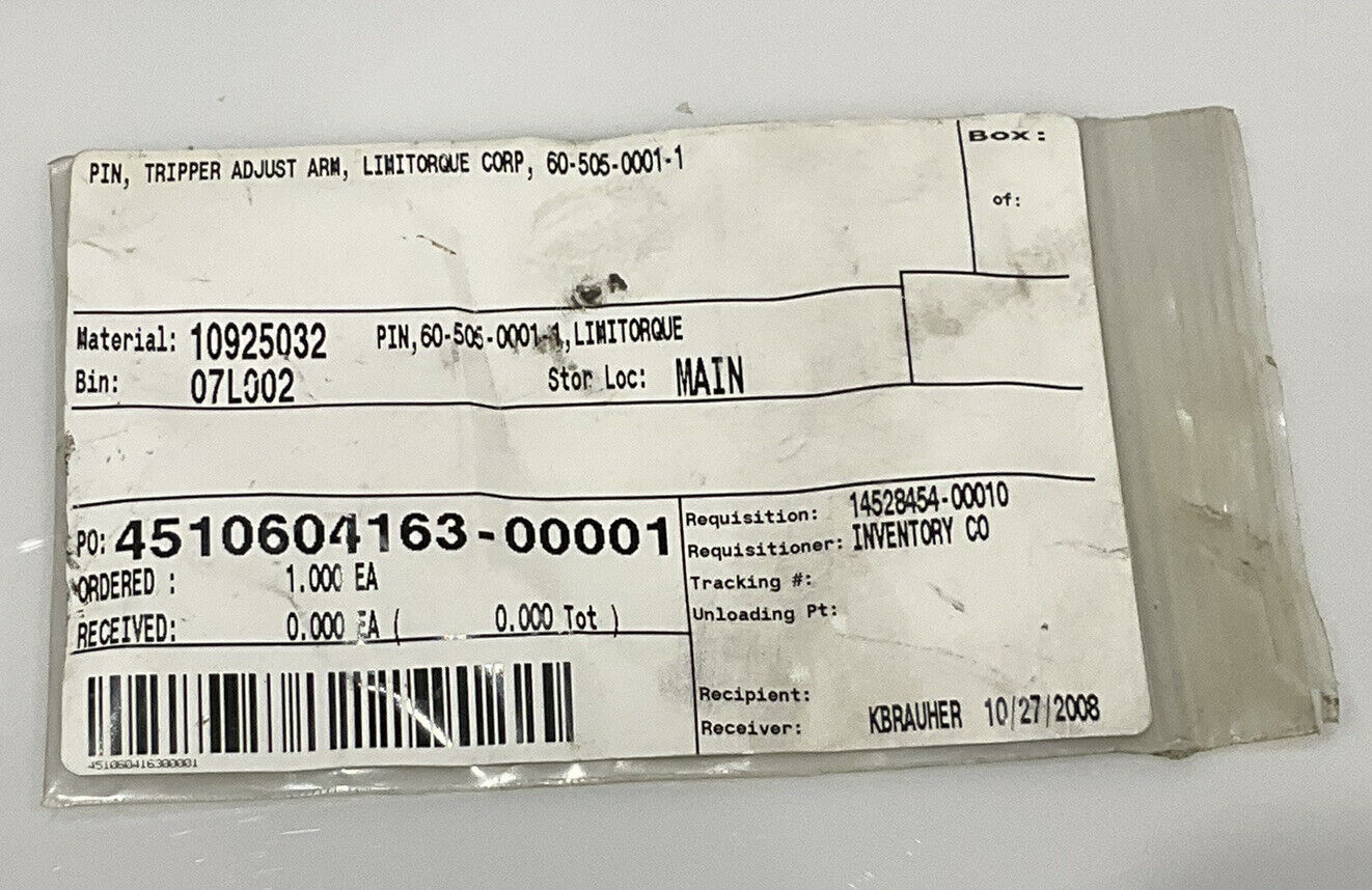 LIMITORQUE CORP 60-505-0001-1 TRIPPER ADJUST ARM PIN 4510604163-00001 678