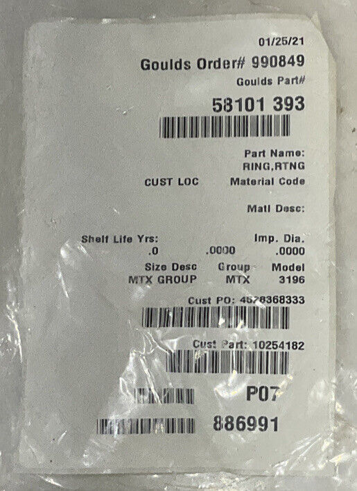 GOULDS 58101 393 SNAP RING RTNG MTX 3196 678