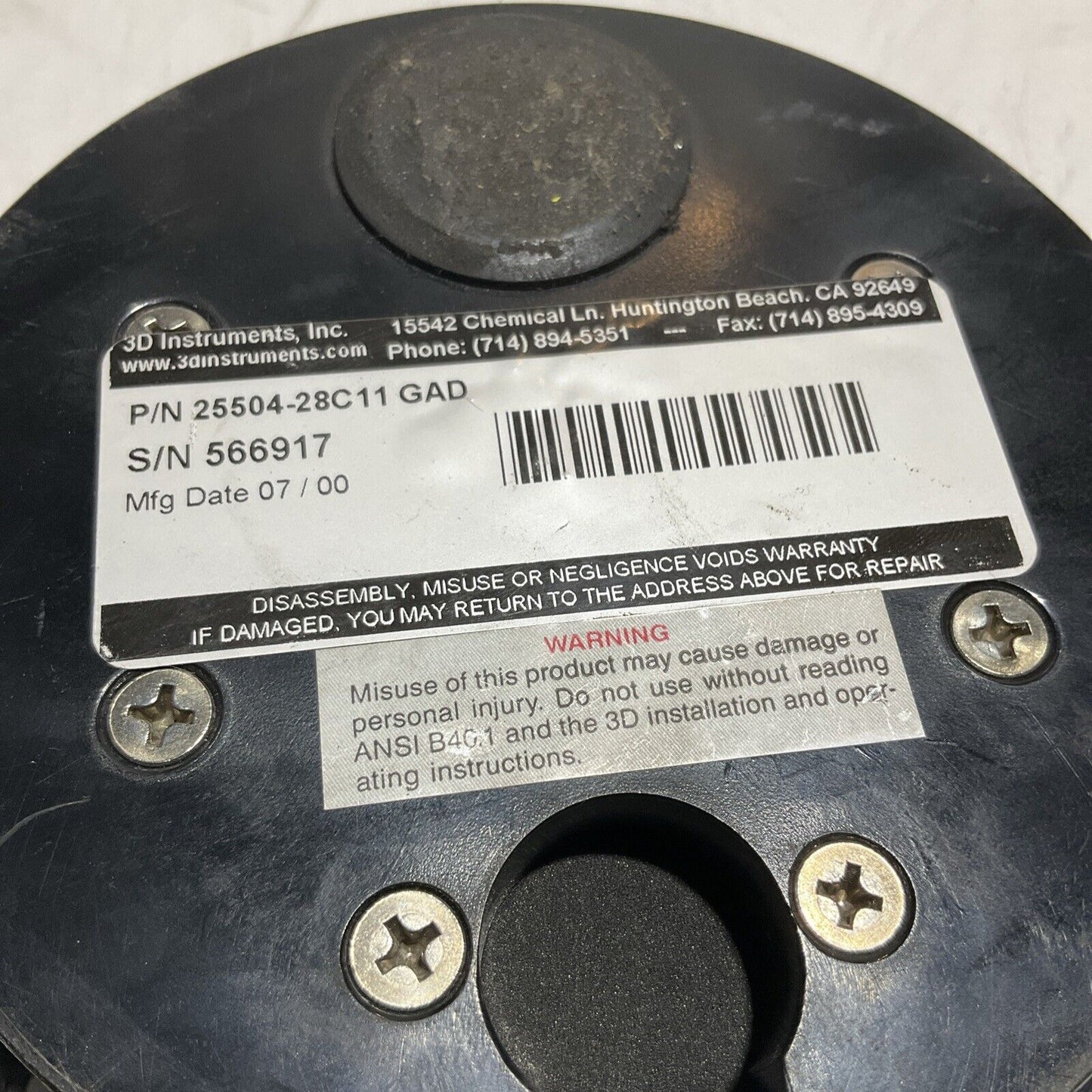 3D INSTRUMENTS INC. 25504-28C11 GAD PRESSURE GAUGE 0-600PSI 3/4IN 476-U3S