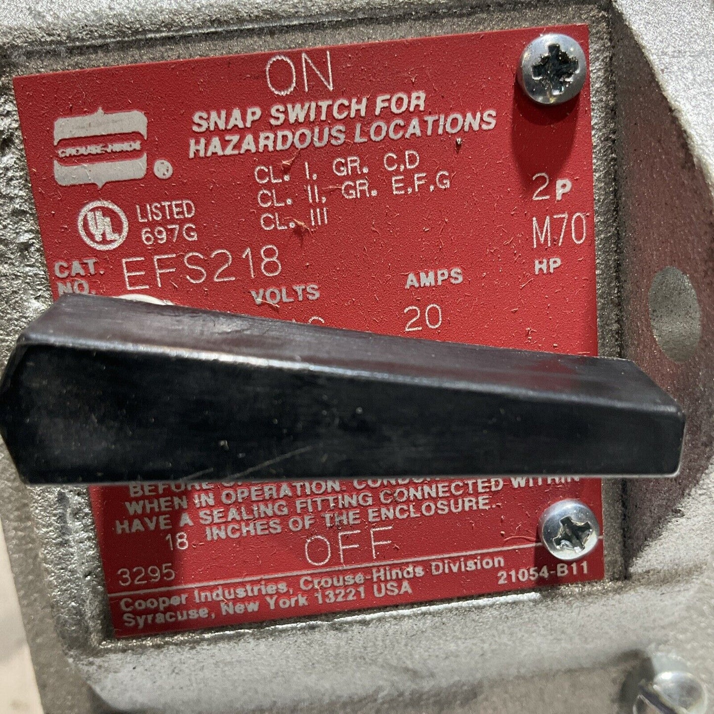 CROUSE-HINDS EFS218 EXPLOSIONPROOF FRONT OPERATED CONTROL SYSTEM SIZE 3/4 373