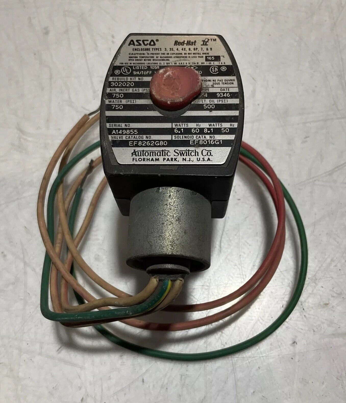 ASCO RED-HAT EF8262G80 SOLENOID AND AIR-CONTROLLED U3S