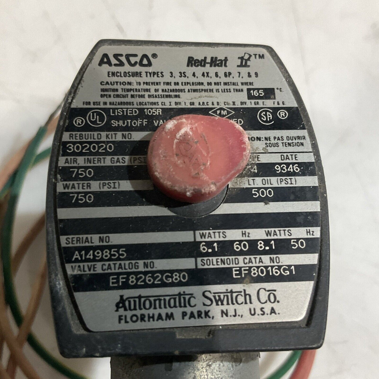 ASCO RED-HAT EF8262G80 SOLENOID AND AIR-CONTROLLED U3S
