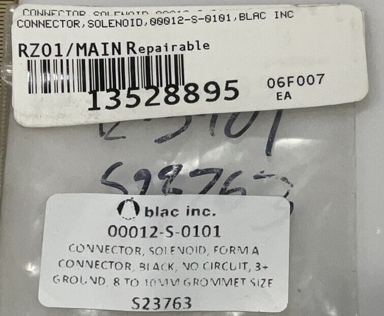 BLAC INC 00012-S-0101 SOLENOID CONNECTOR 8 TO 10 MM GROMET BLACK NO CIRCUIT 678