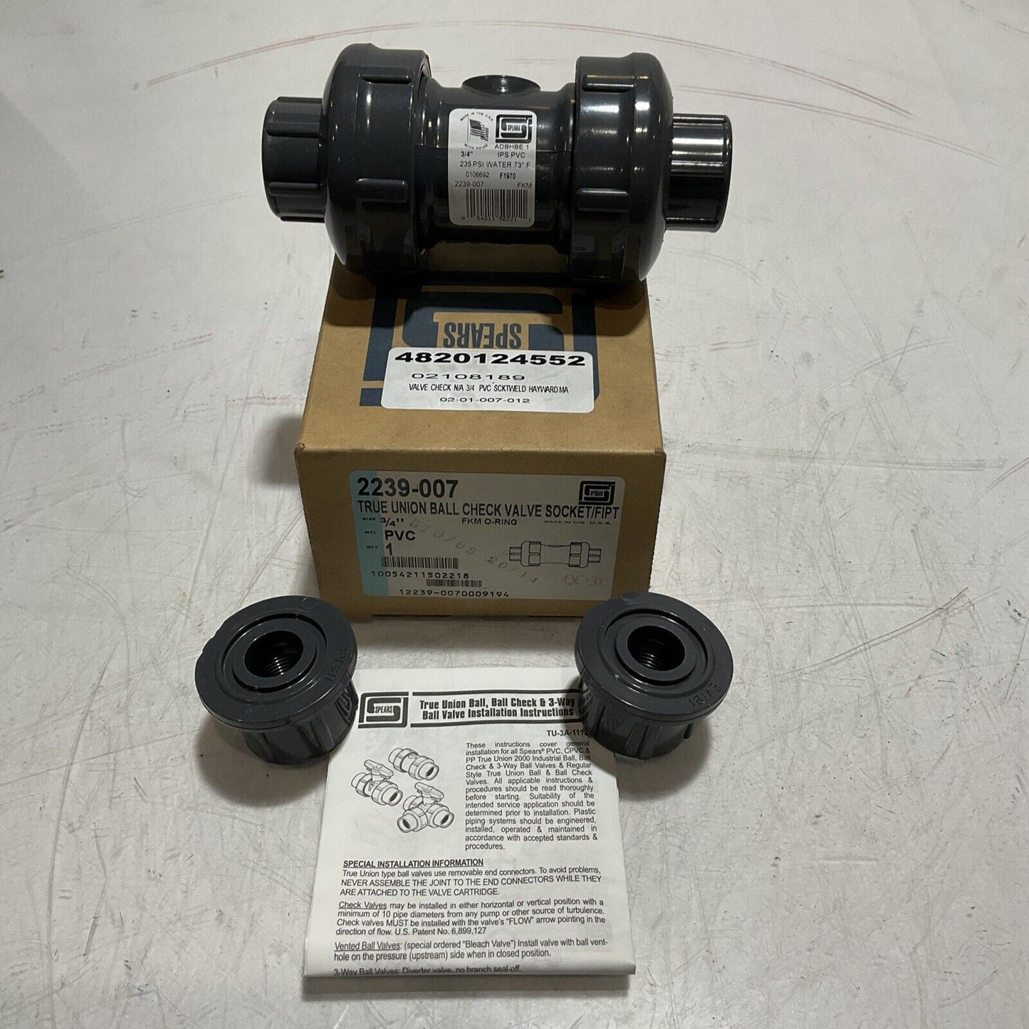 SPEARS 2239-007 TRUE UNION BALL CHECK VALVE SOCKET PVC 3/4” KFM O-RING 373-U3S