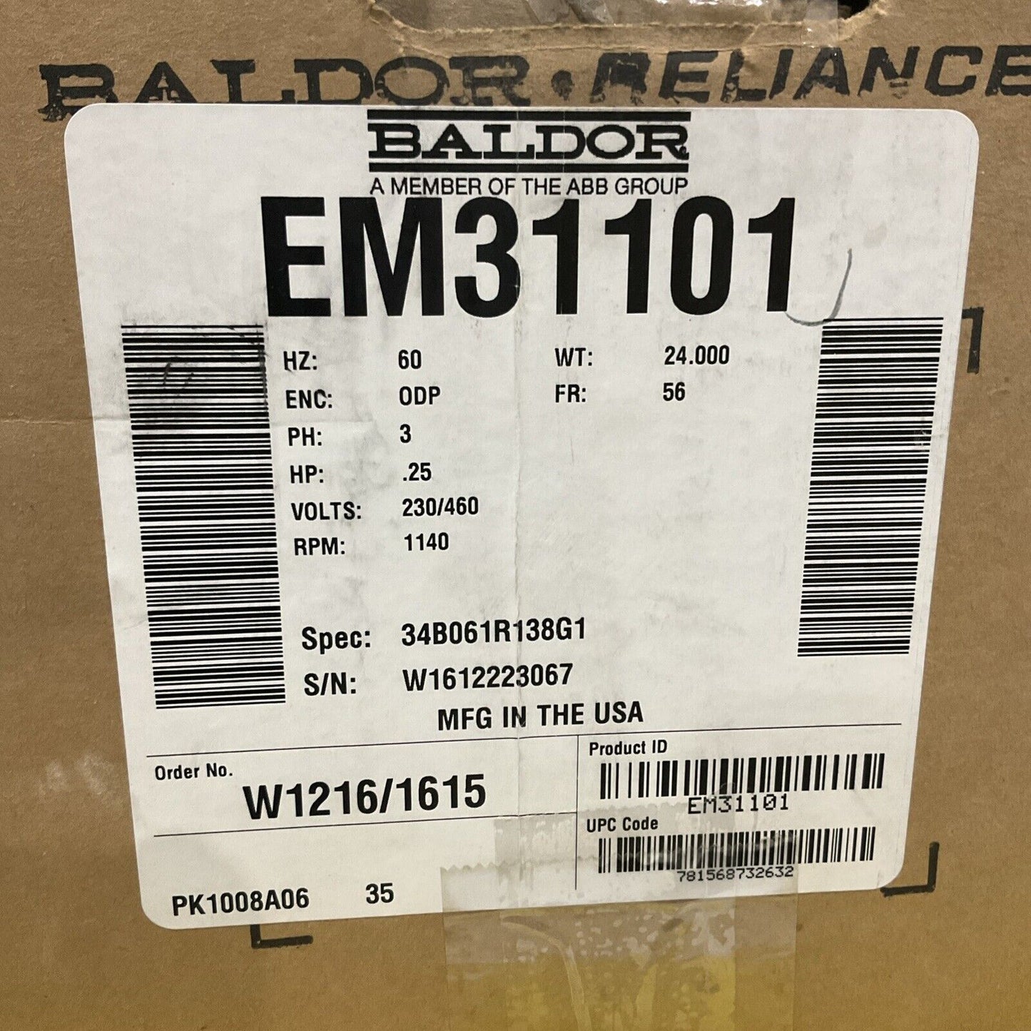 BALDOR ELECTRIC EM31101 W1612223067 - 25HP SUPER-E MOTOR 373-U3S