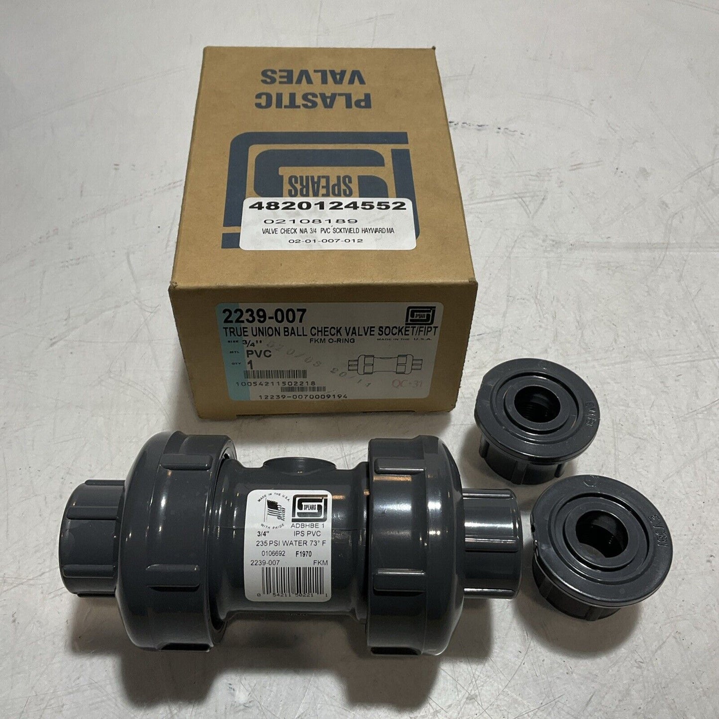 SPEARS 2239-007 TRUE UNION BALL CHECK VALVE SOCKET PVC 3/4” KFM O-RING 373-U3S