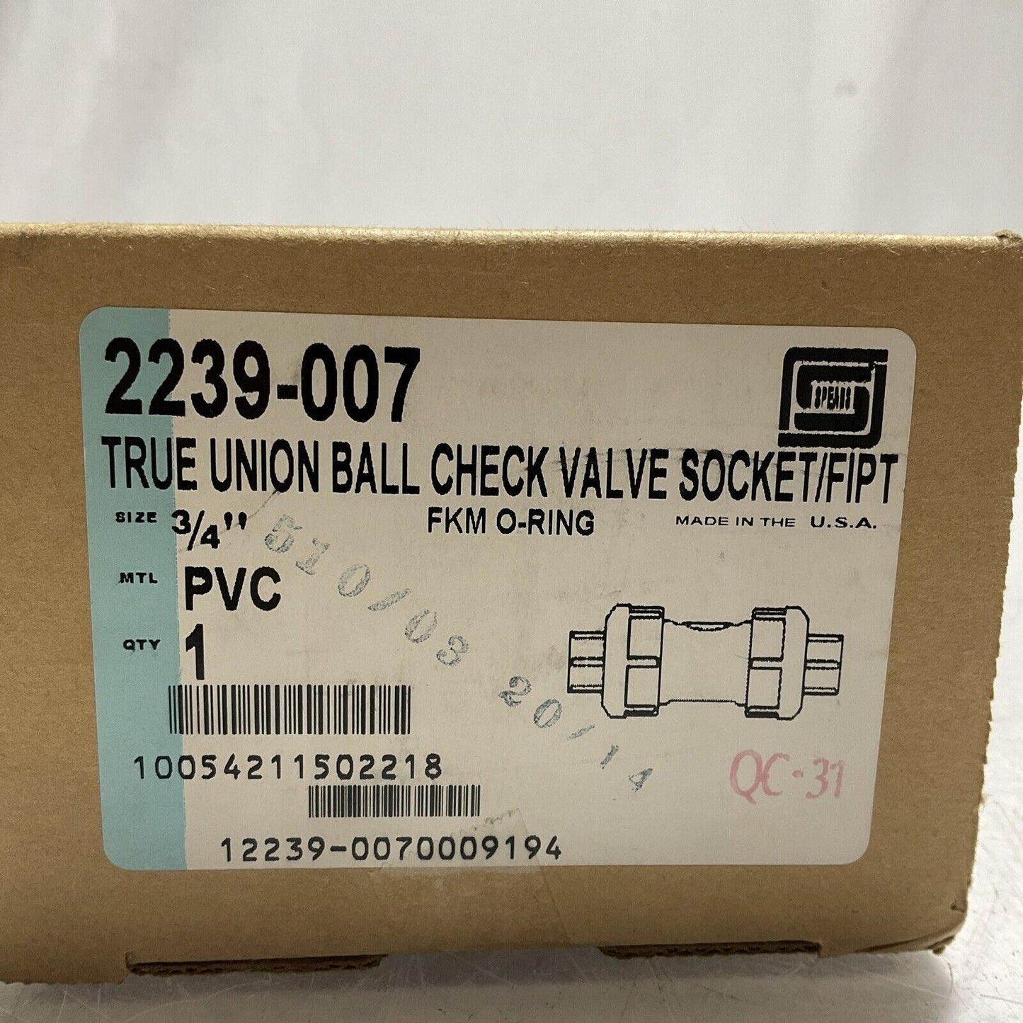 SPEARS 2239-007 TRUE UNION BALL CHECK VALVE SOCKET PVC 3/4” KFM O-RING 373-U3S