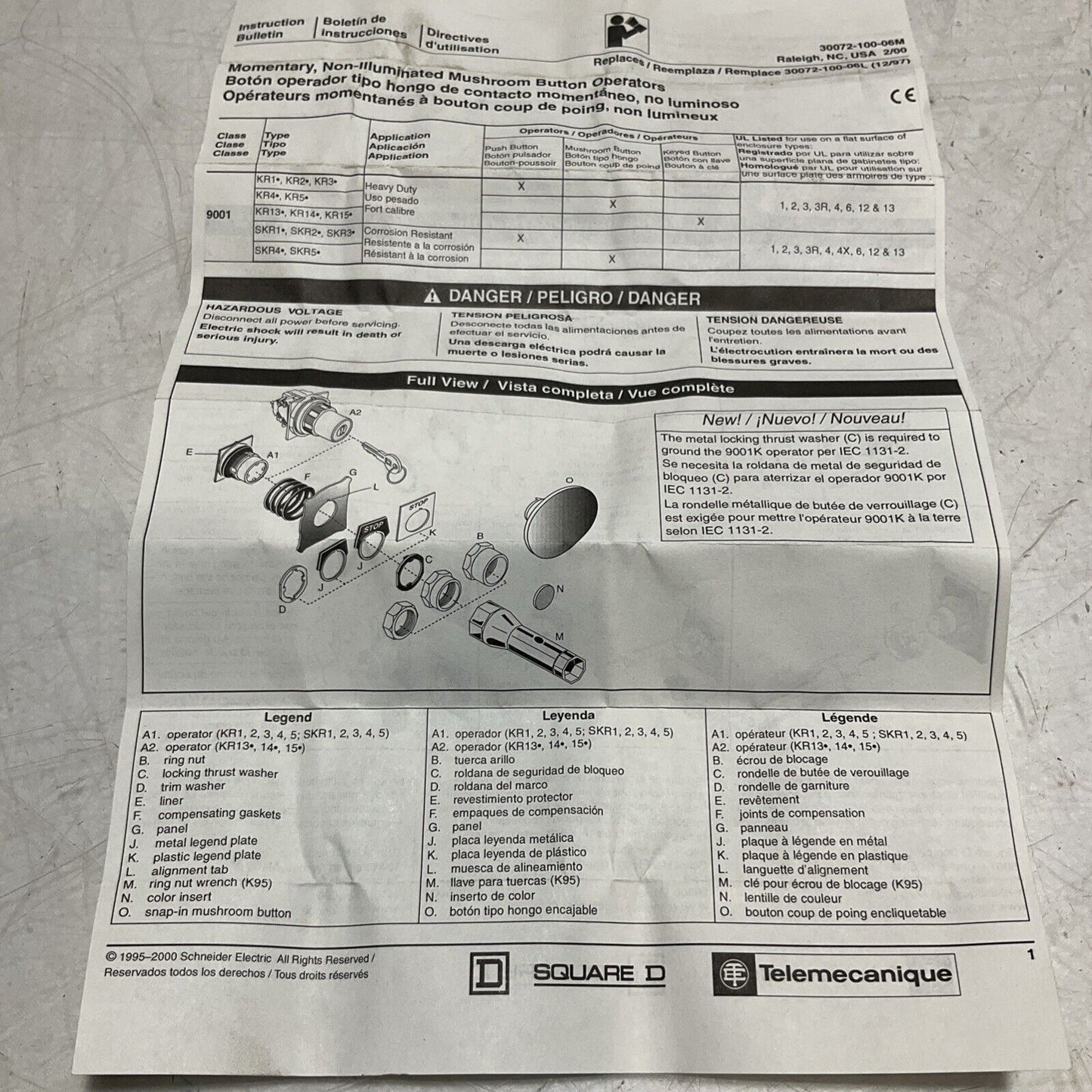 SQUARE D 9001KR1U MUSHROOM PUSH BUTTON OPERATOR 555-U3S