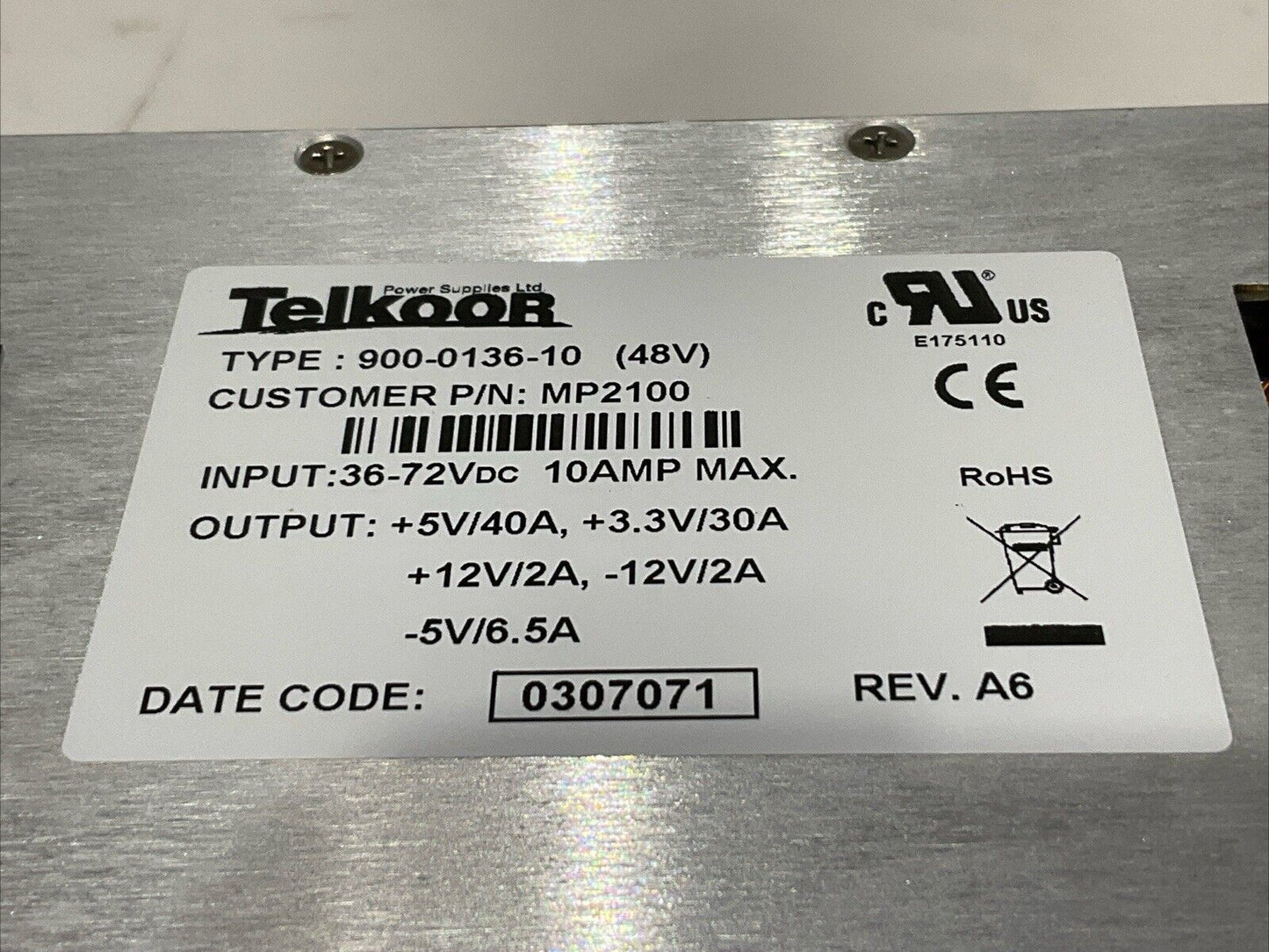 TELKOOR MP2100M 900-0136-10 MP-2100M-PS/48/C (A) POWER SUPPLY 48V T6Y