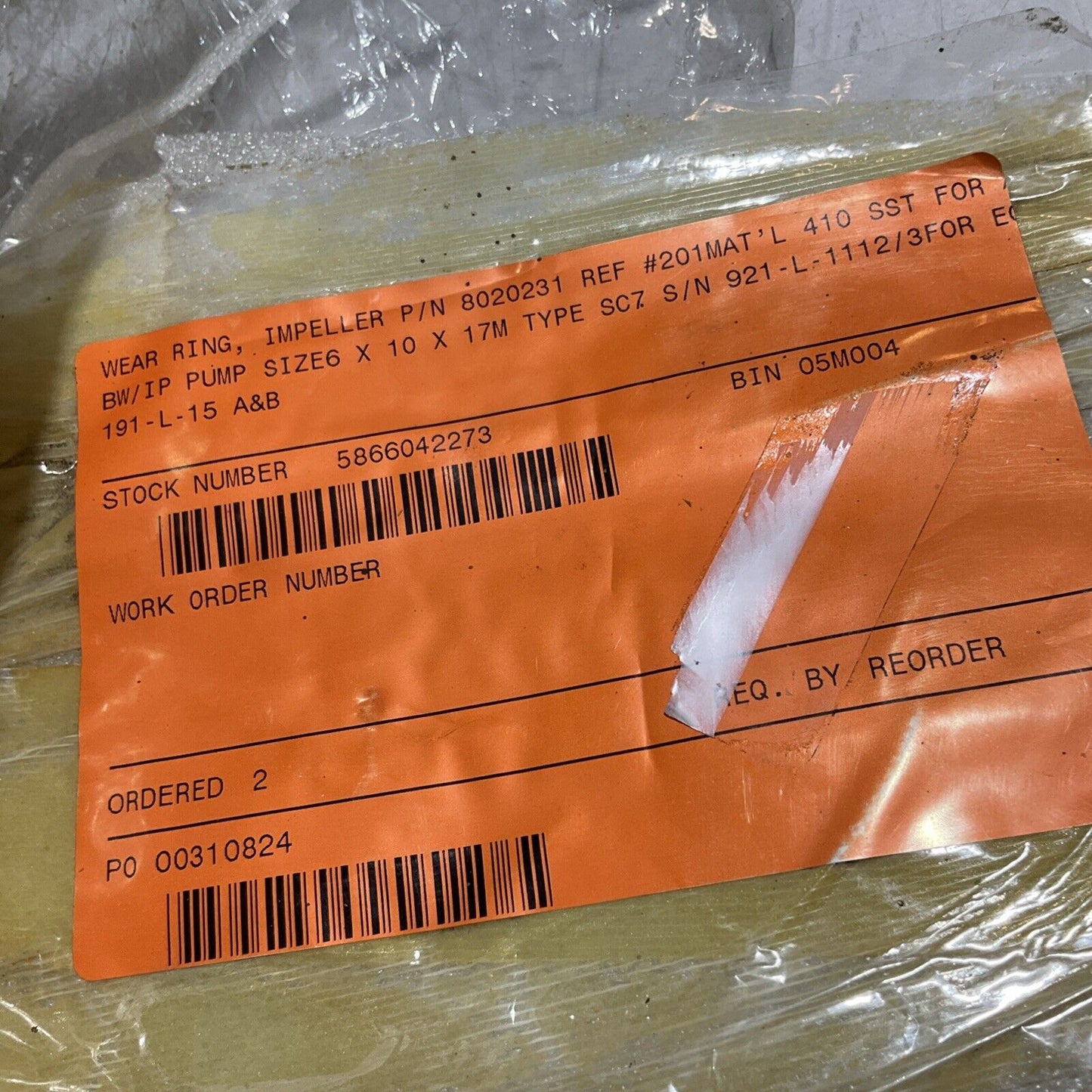 FLOWSERVE 8020231 IMPELLER WEAR RING SST 410 10.474IN OD SIZE 6X10 678-U3S