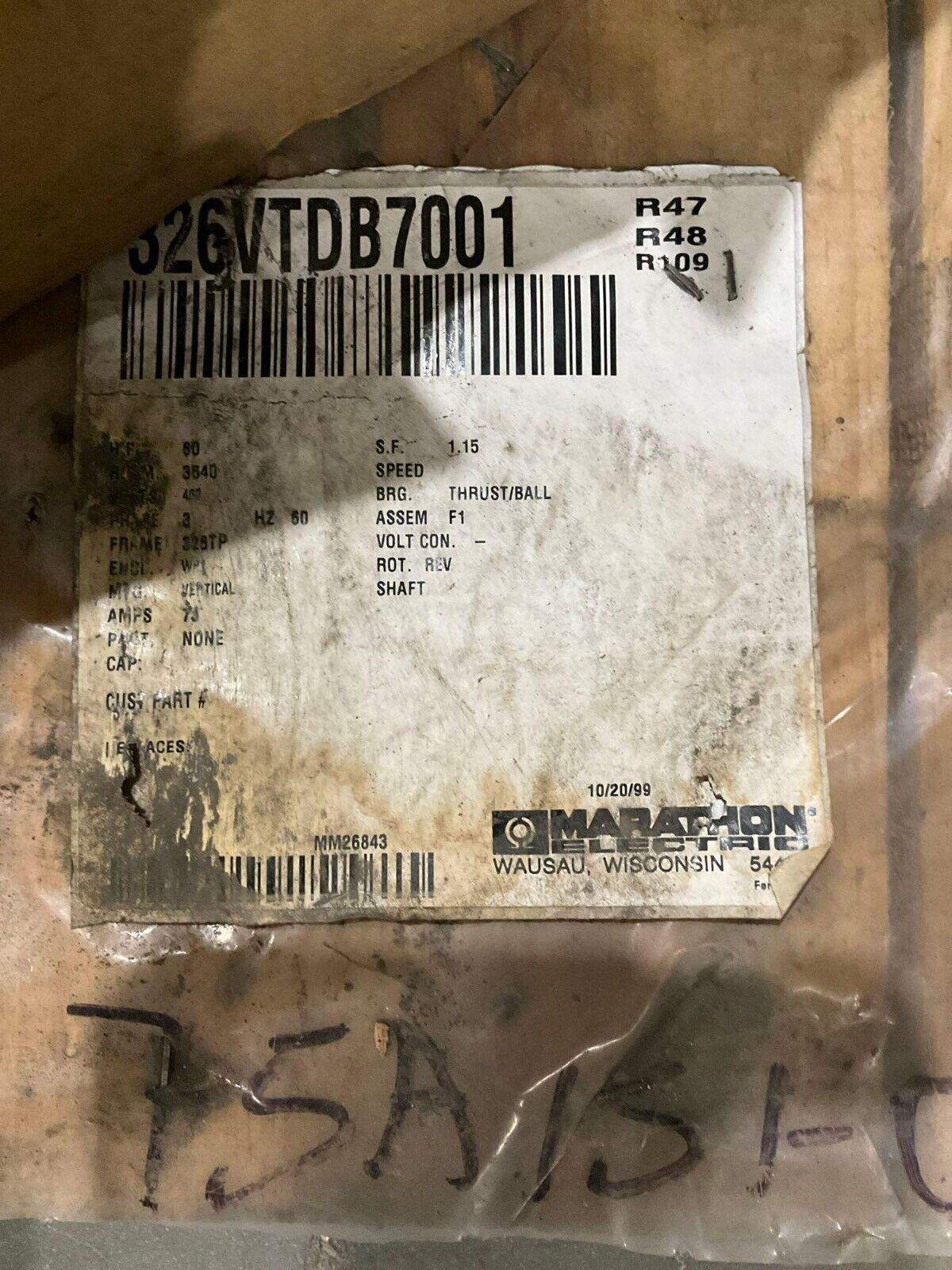 MARATHON ELECTRIC VERTICAL HOLLOW SHAFT MOTOR 6K 326VTDB7001 R47 3P 60HZ 3540RPM