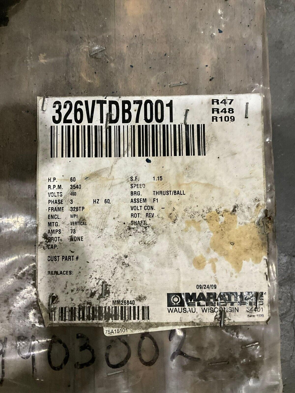 MARATHON ELECTRIC VERTICAL HOLLOW SHAFT MOTOR 6K 326VTDB7001 R47 3P 60HZ 3540RPM